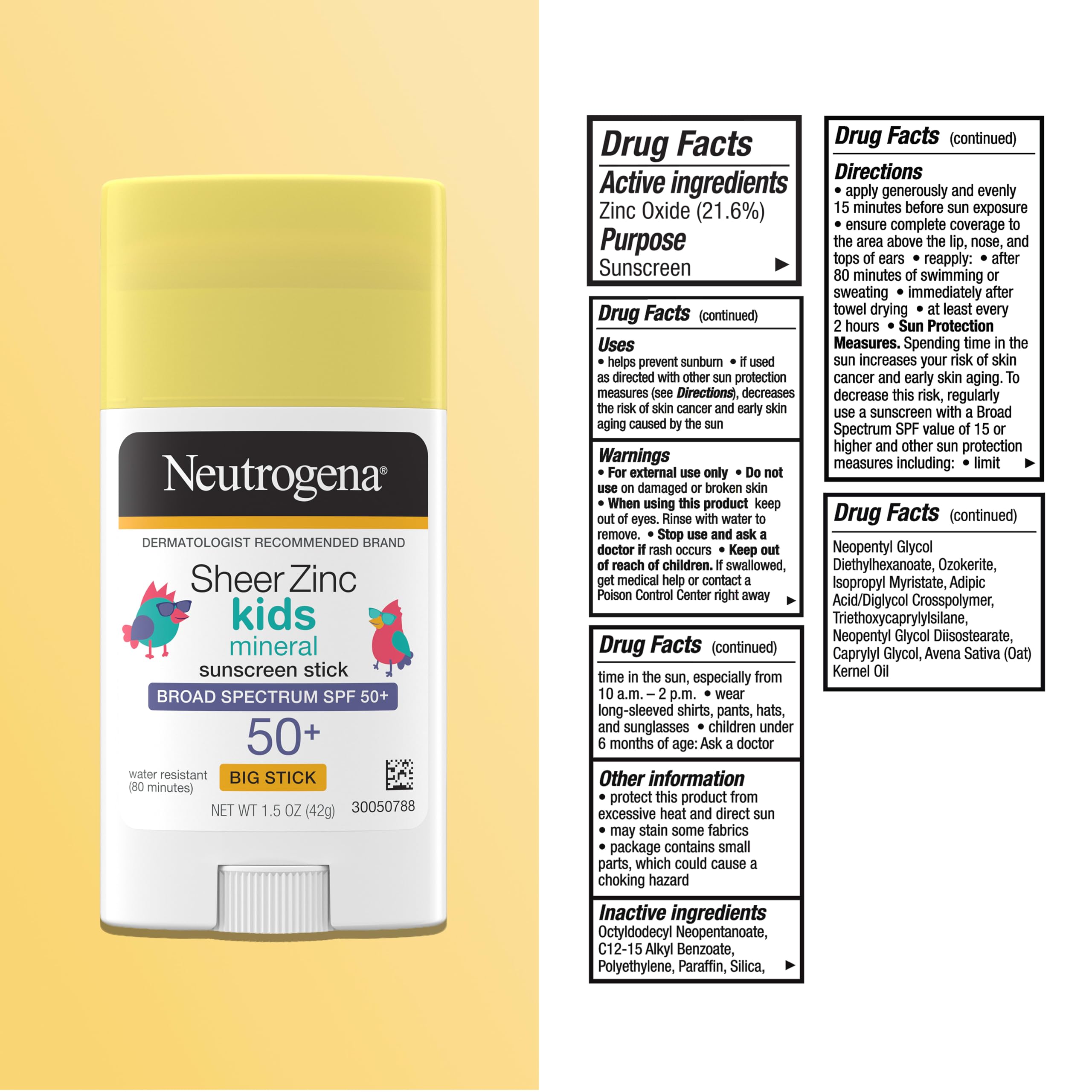 Neutrogena Sheer Zinc Oxide Kids Mineral Sunscreen Stick, Broad Spectrum SPF 50+ & UVA/UVB Protection & Water Resistant with Residue-Free, No-Mess Application, Oil- & Paraben-Free, oz