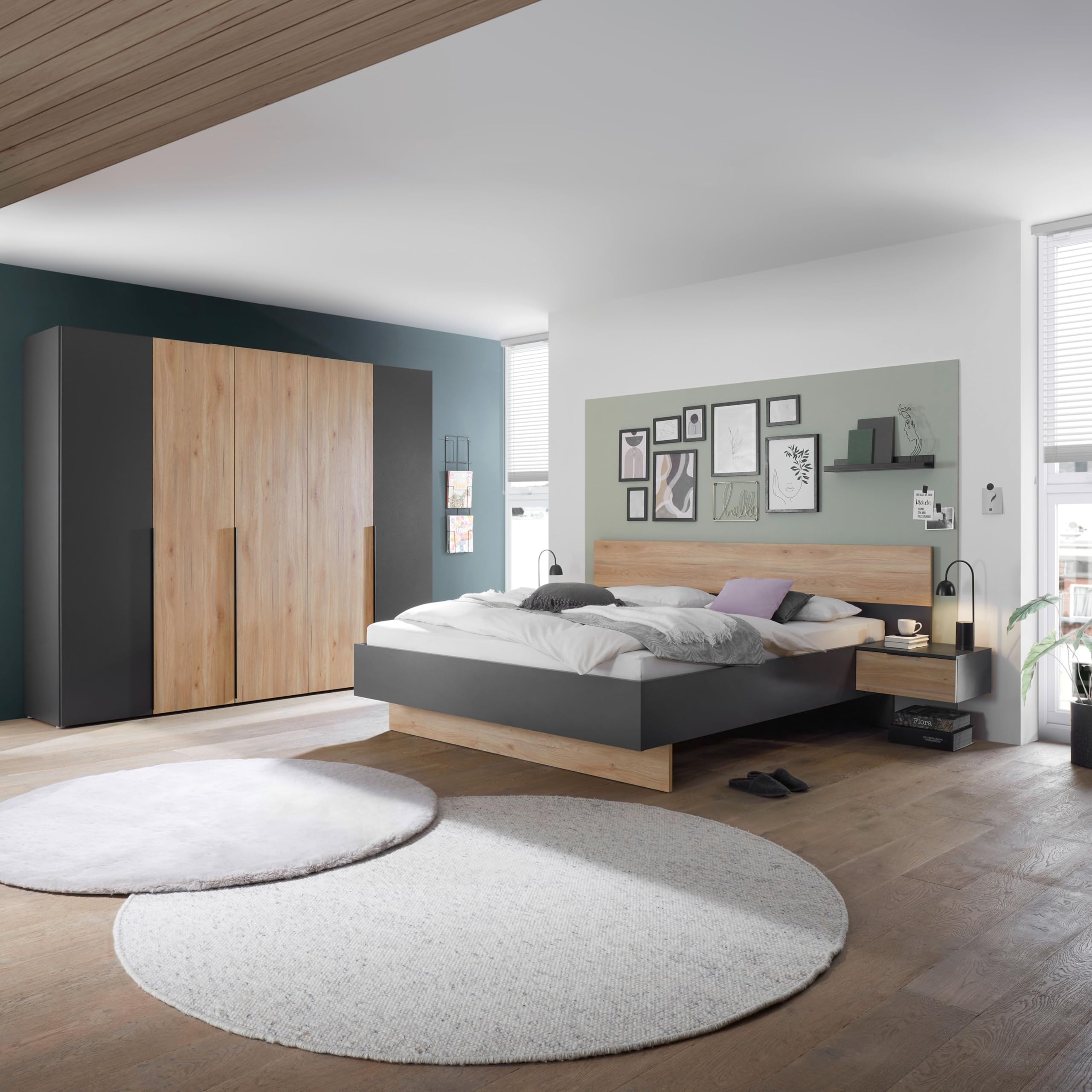 Stella Trading ASKA Kleiderschrank in Graphit, Mauvella Eiche Optik - Vielseitiger Drehtürenschrank 5-türig für Ihr Schlafzimmer - 249 x 210 x 53 cm (B/H/T)