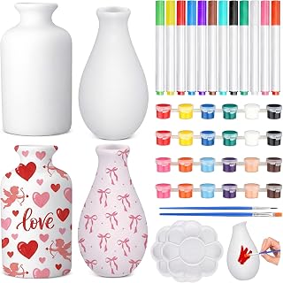 Singhoow 4 Set Valentine's Day Paint Your Own Porcelain Paint Vase Art Project White Ceramic Painting Kit for Adults Porcelain Vase Decorating Kit Holiday Supplies DIY(Charming)