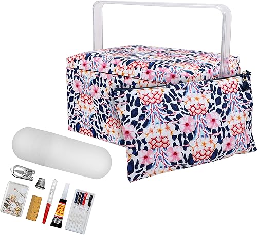 SINGER Cesta de costura grande de alta calidad, estampado de animales tropicales con kit de costura de viaje de emergencia y bolsa con cremallera a