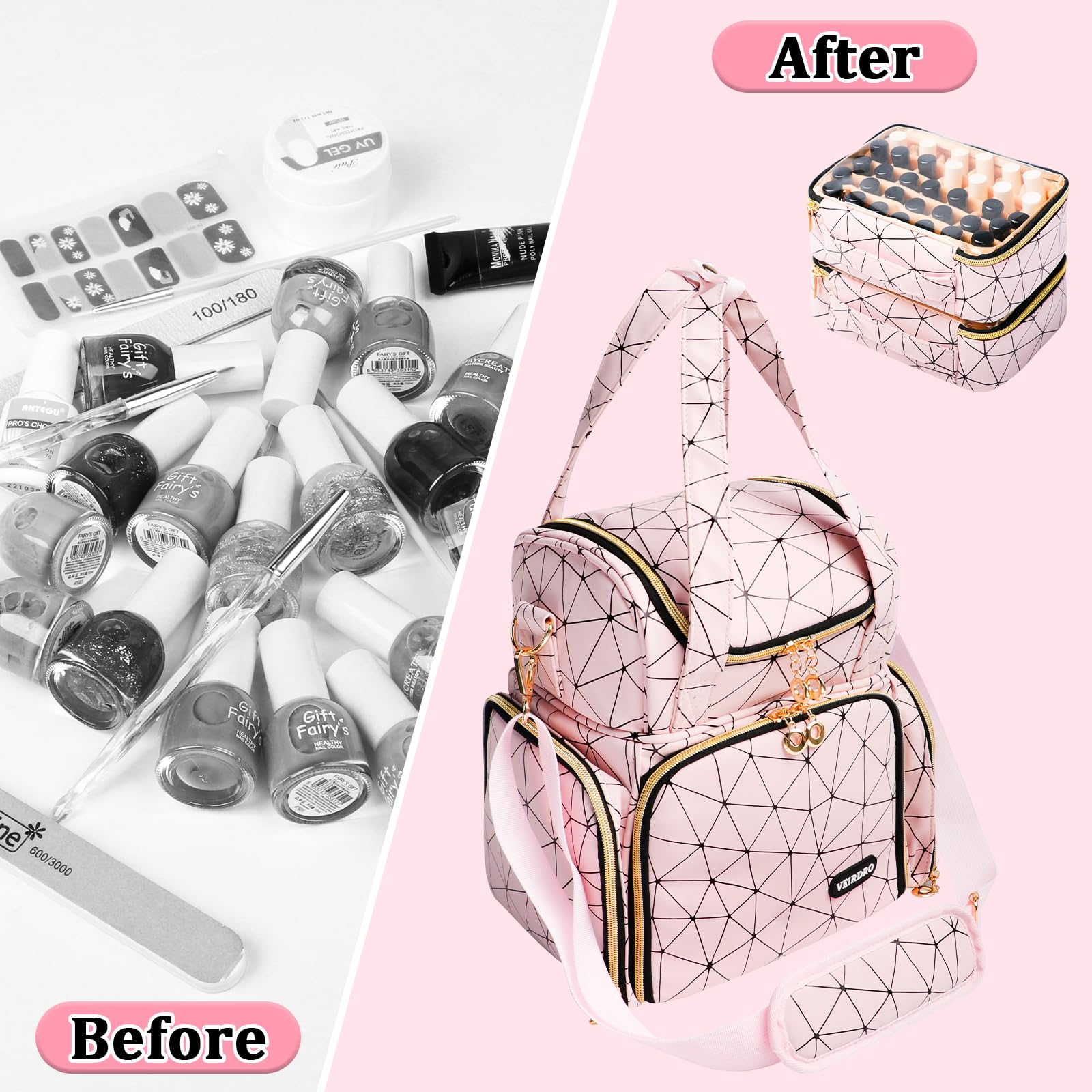 Veirdro Bolsa organizadora de esmalte de uñas, almacenamiento de hombro de piel sintética con 2 fundas extraíbles y lámpara de uñas, capacidad para 70 botellas, mochila de viaje portátil para