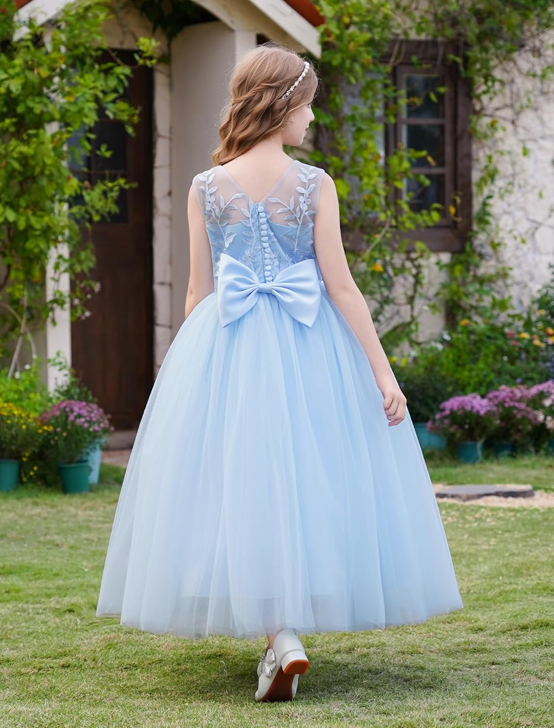 IDOPIP Flower Girl Lace Dress for Kids Wedding Bridesmaid Pageant Party Formal Long Gown Princess Communion Tulle Bow Dresses - Image 6