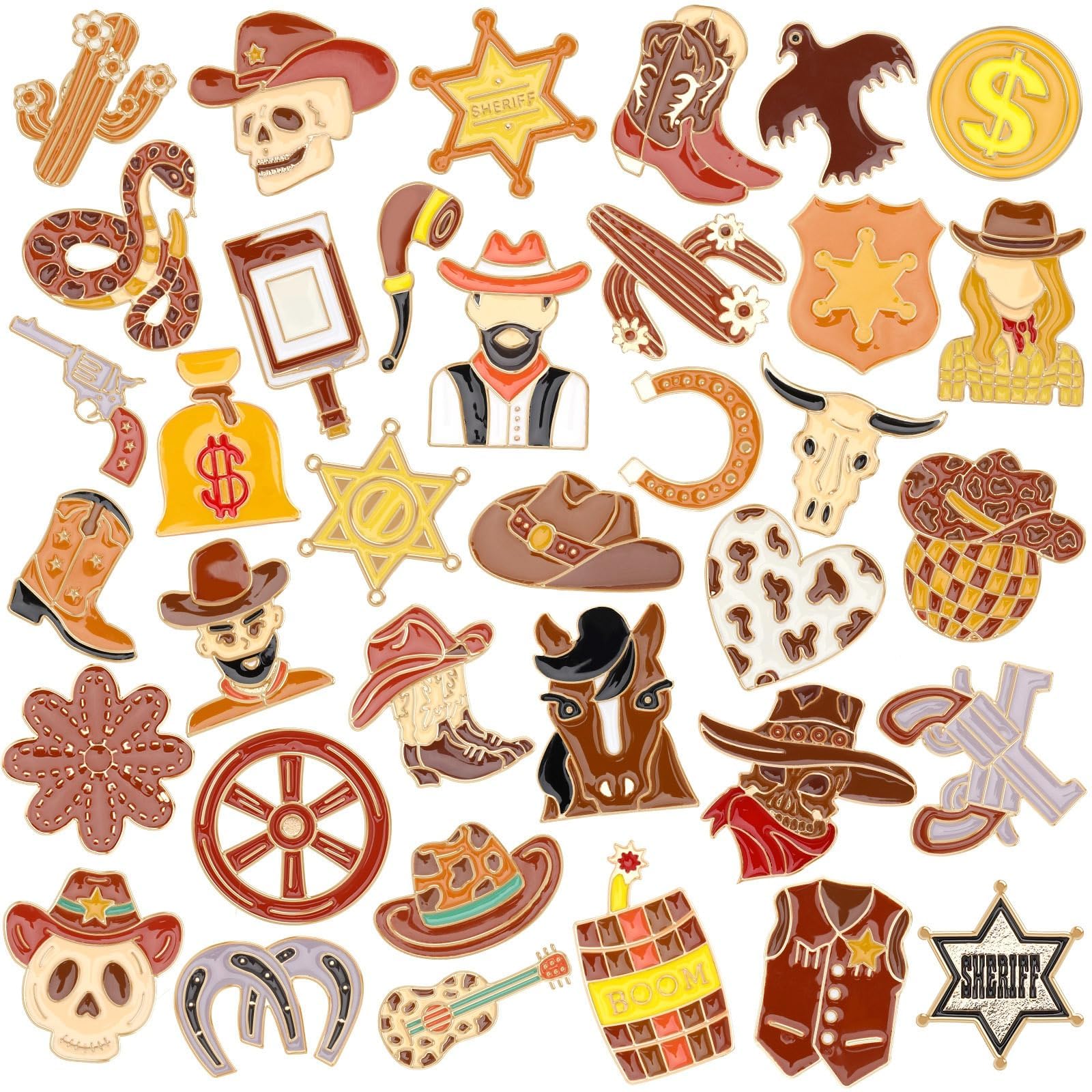 36 PCS Western Enamel Pins Western Lapel Badges Bulk Brown Theme Western Brooch Pins for Clothes Bags Backpack Hat Jacket Decoration Western Theme Party Favors Accessories