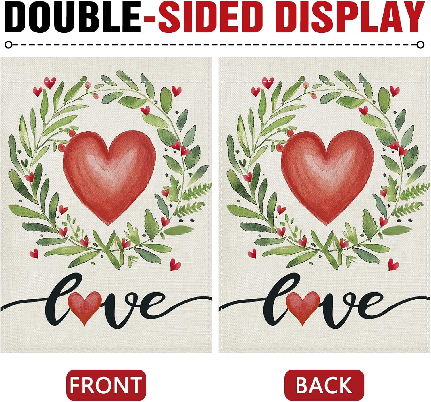 Dyrenson Valentines Day Love Decorative Garden Flag, Watercolor Red Heart Wreath Yard Outside Home Decoration, Anniversary Wedding Burlap Outdoor Small Decor Double Sided 12 x 18 - Image 3