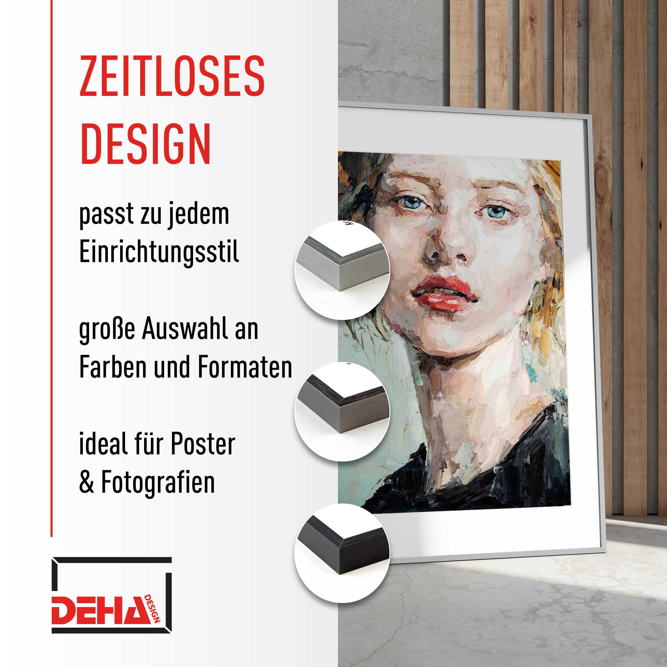 DEHA Design Bilderrahmen, 42 x 59,4 cm (A2), Aluminium, Schwarz matt, Posterrahmen zum Aufhängen im Hoch- & Querformat, bruchsicheres Kunstglas, Tribeca
