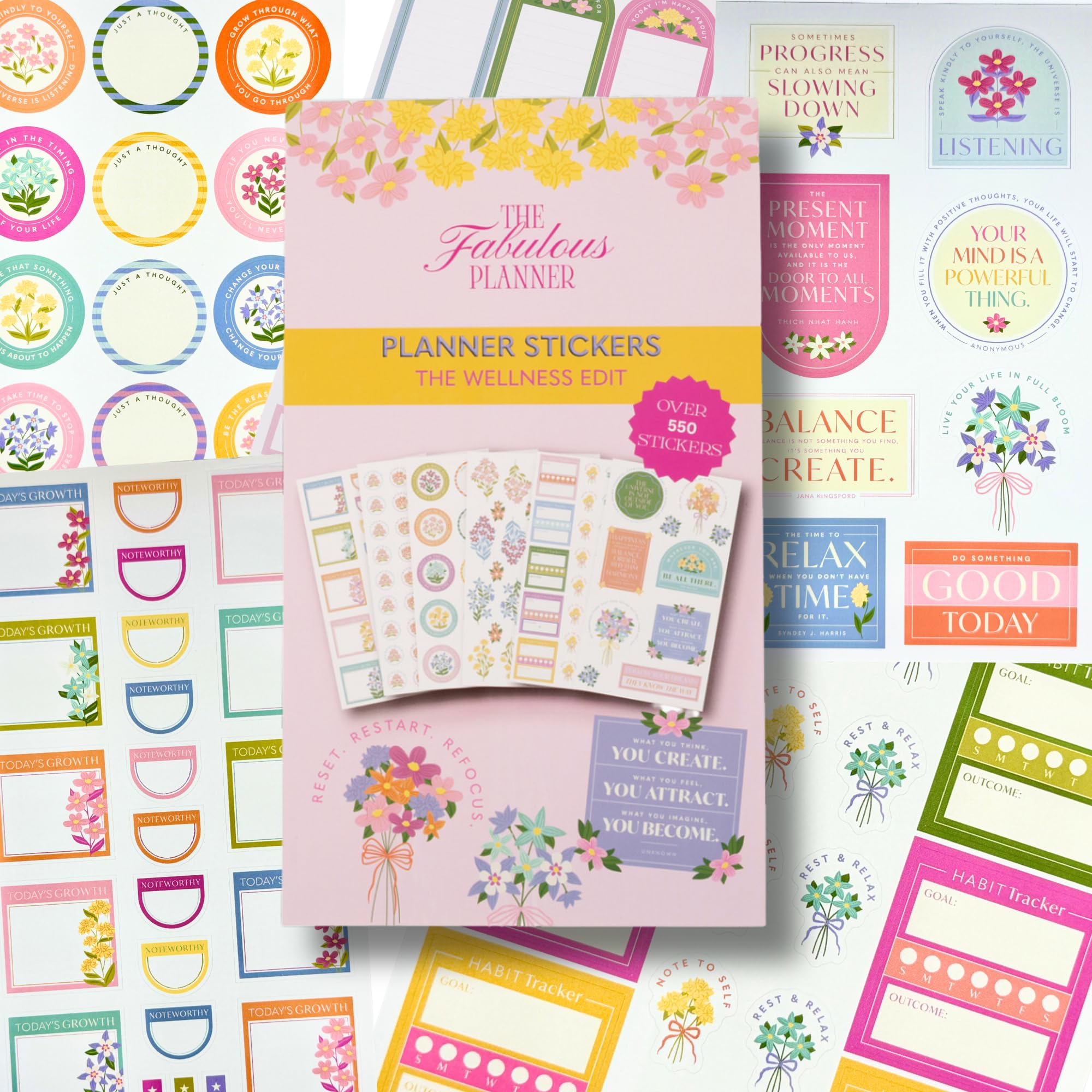 Wellness Stickerbuch für Planer – 25 Blatt, 550+ Aufkleber | Gewohnheitstracker, Motivierende Zitate, Dankbarkeit & Ziel-Tracker, Blumen & Dekor | Aufkleber für Planer, Tagebücher & Sammelalben