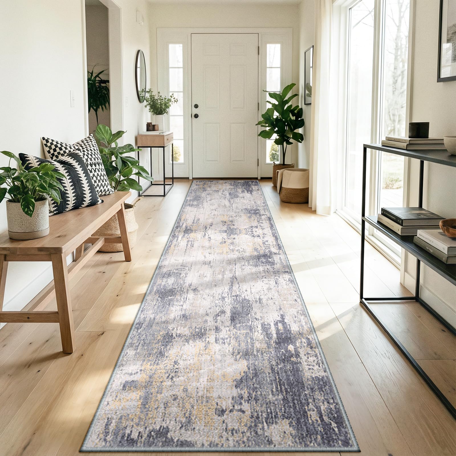 DEFYNEE Teppich Läufer rutschfest, Kurzflor, Waschbar, Faltbar, Abstraktes Design – für Flur, Küche, Wohnzimmer & Büro