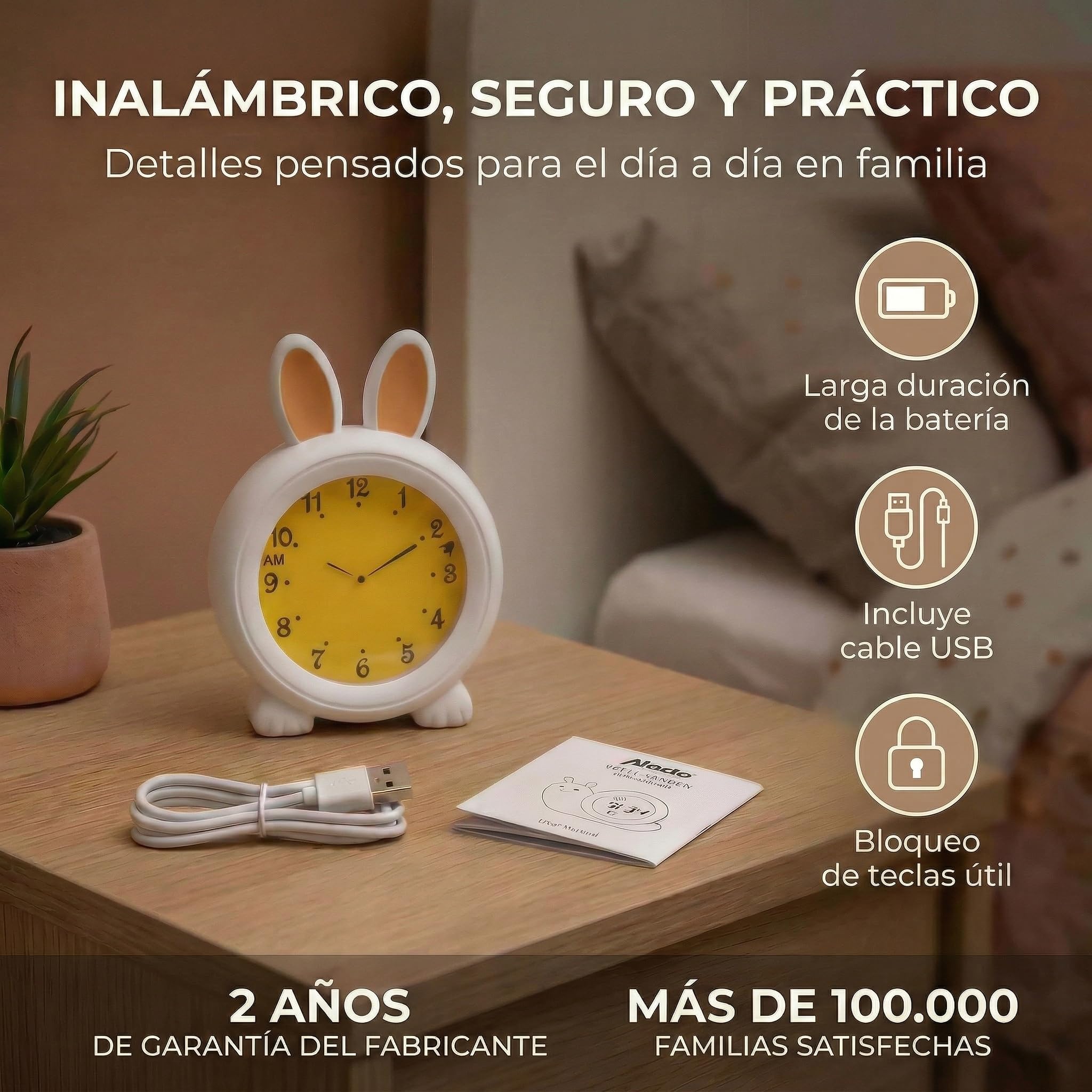 Alecto BC100BUNNY - Reloj Despertador Educativo con Alarma/luz Nocturna - Blanco