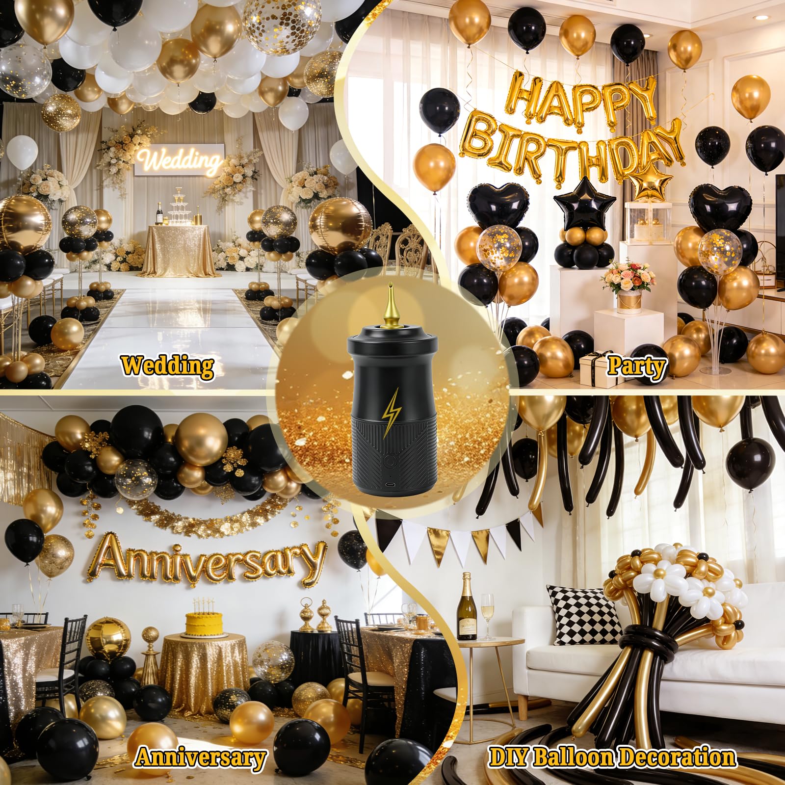 PlusFive Kabellose elektrische Ballonpumpe, Typ-C wiederaufladbare Luftpumpe mit 2000 mAh Akku und 3 Düsen für runde / Folien/260Q lange Luftballons, zum Aufblasen und Staubsaugen, batteriebetriebene