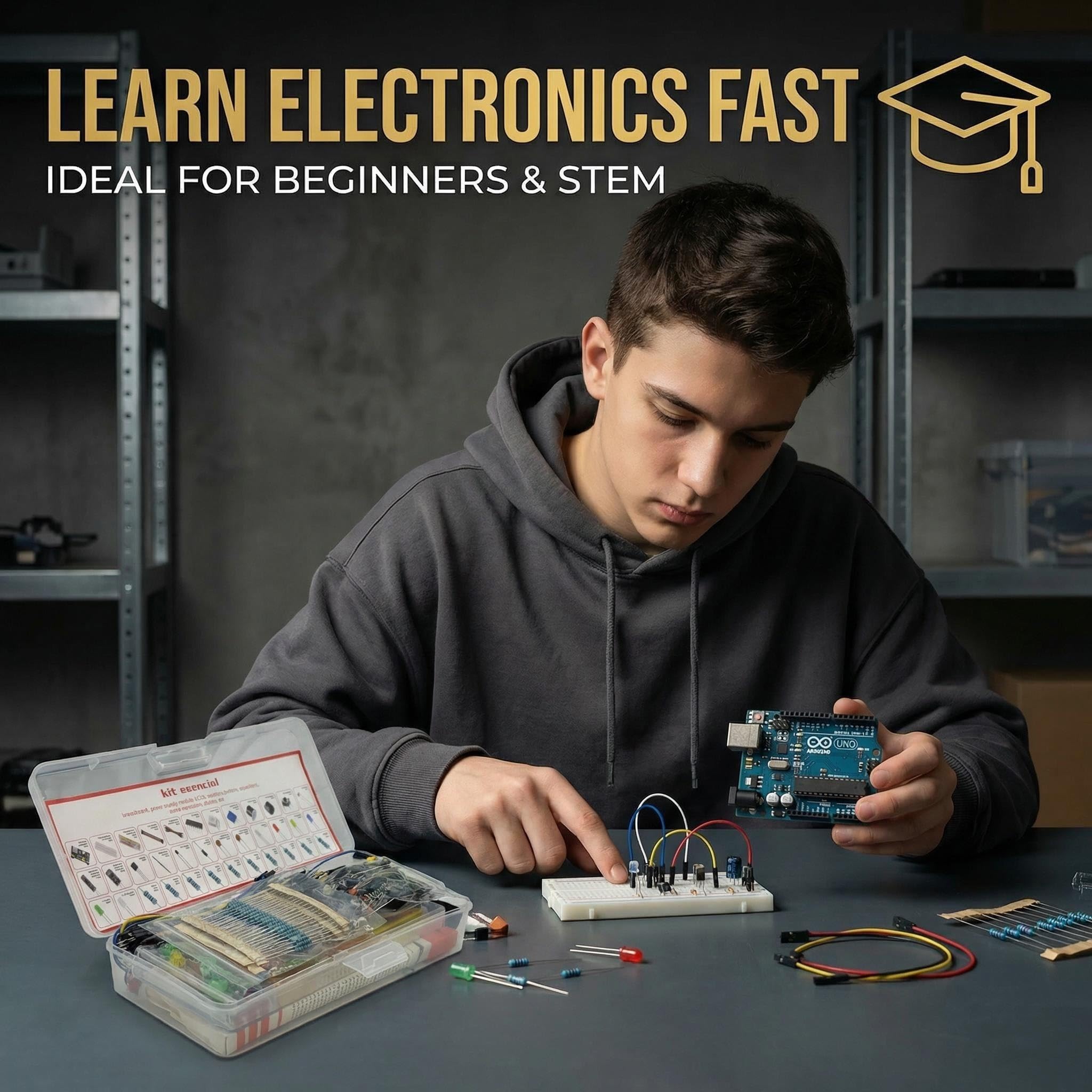 Compatibile con Arduino UNO R3 Starter Kit, componenti elettronici, scheda, sensori, LED, breadboard, cavi ponticello, alimentatore, resistenze, keycaps
