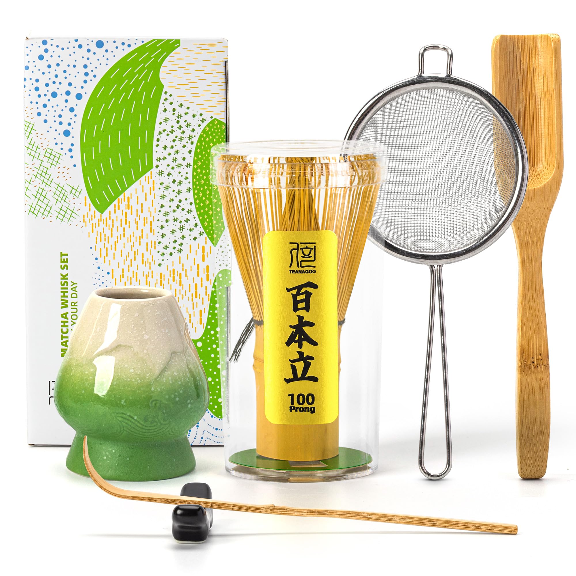 TEANAGOO Matcha Whisk Set,Matcha Whisk(100 prongs) with Green Holder,6-PCS Traditional Starter Set,Scoop(Chashaku),Tea Spoon,Bamboo Chasen for Making Latte,Ceremony Accessory,Gife for Friend/Family