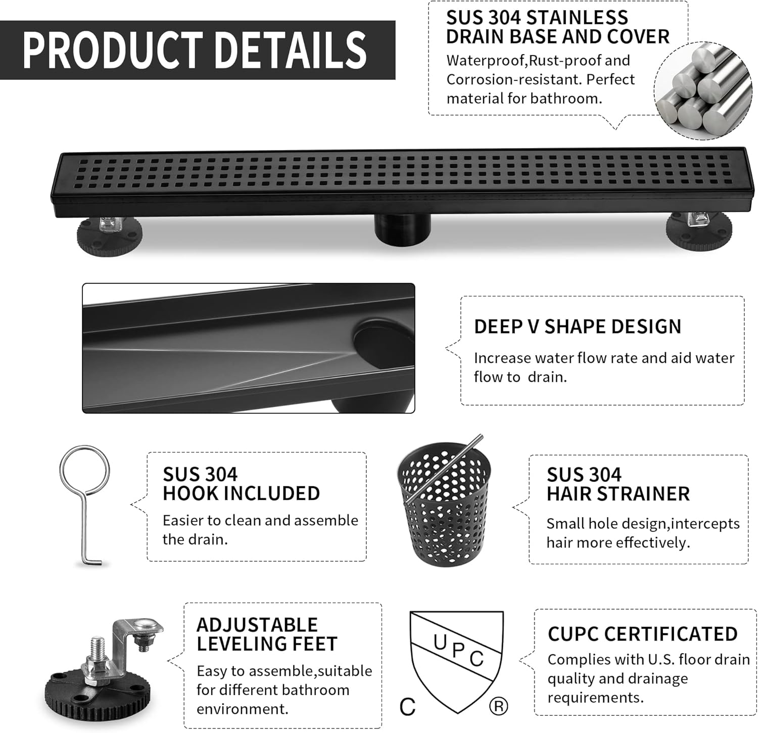 Linear Shower Drain 24 Inch Rectangular, SUS-304 Stainless Steel Black Shower Drain, 51L/Min Fast Drainage Floor Linear Drain, US Standard CUPC Certified, Matte Black, SD-112-24B