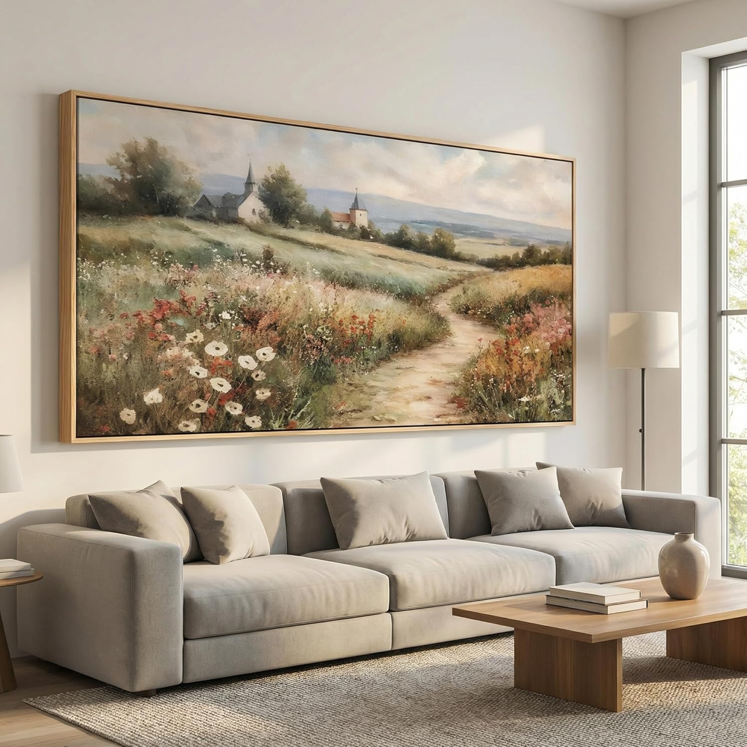 Framed Wall Art Rustic Countryside Landscape with Flowers and Church Canvas Prints Natural Artwork for Bedroom Living Room Home Decor 20 x 40 Inches Ready to Hang
