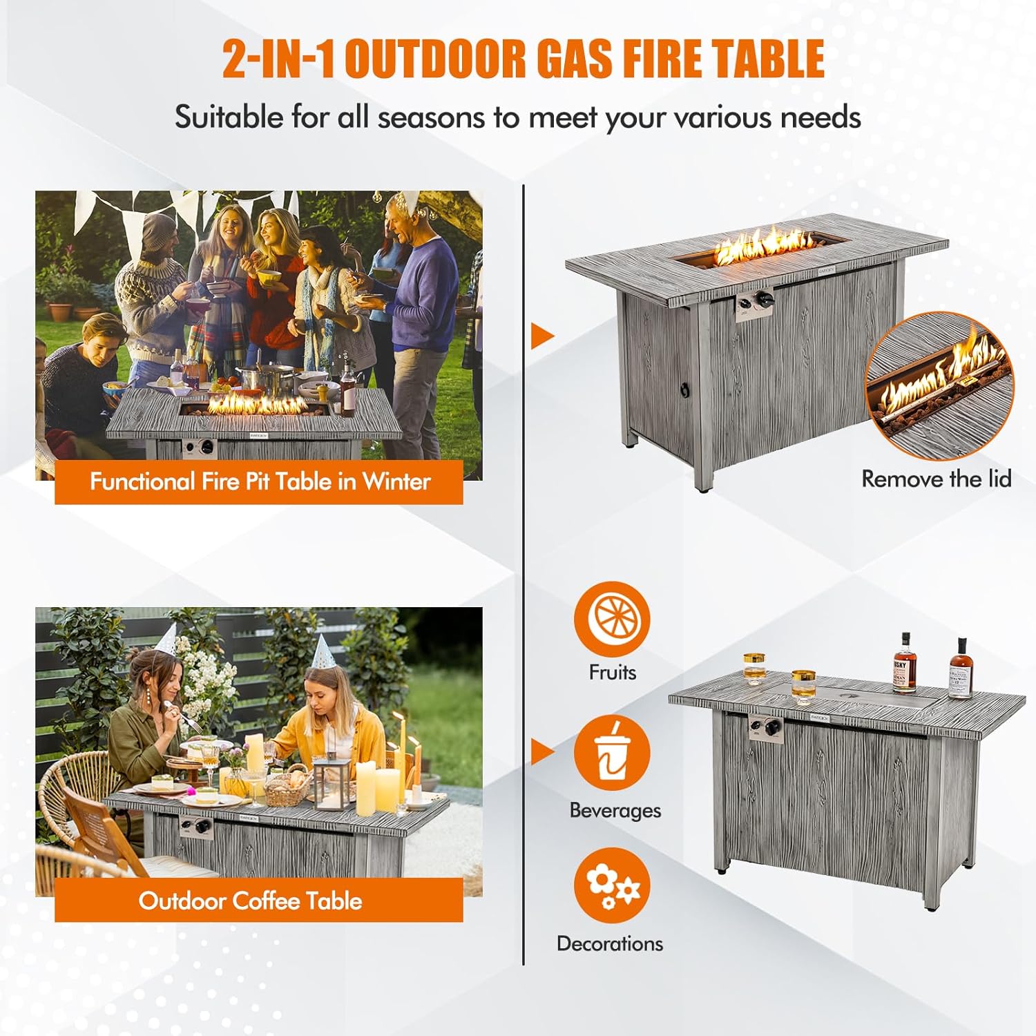 COSTWAY 43" Propane Fire Pit Table, 50,000 BTU Outdoor Propane Gas Fire Table w/Wood Grain Tabletop, Rectangular Propane Firepit w/Waterproof Cover for Balcony, Garden, Backyard