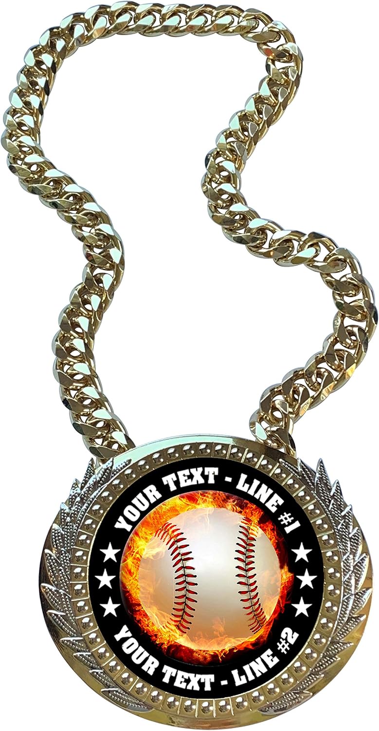 Express Medals Metal Version Flame Baseball Champ Chain Trophy with 2 Lines of Personalized Custom Text on a Large Award Medal and Attached 34 inch Long Metal Neck Chain. EMFCL808