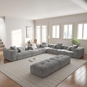144" V-Shaped Modular Sectional Couches for Living Room, Modern 5-Seater Couch with Chaise Ottoman, Linen Extra Deep Seat with Pillows, Couch Modular Sofa for Living Room, Apartment, Office, Gray