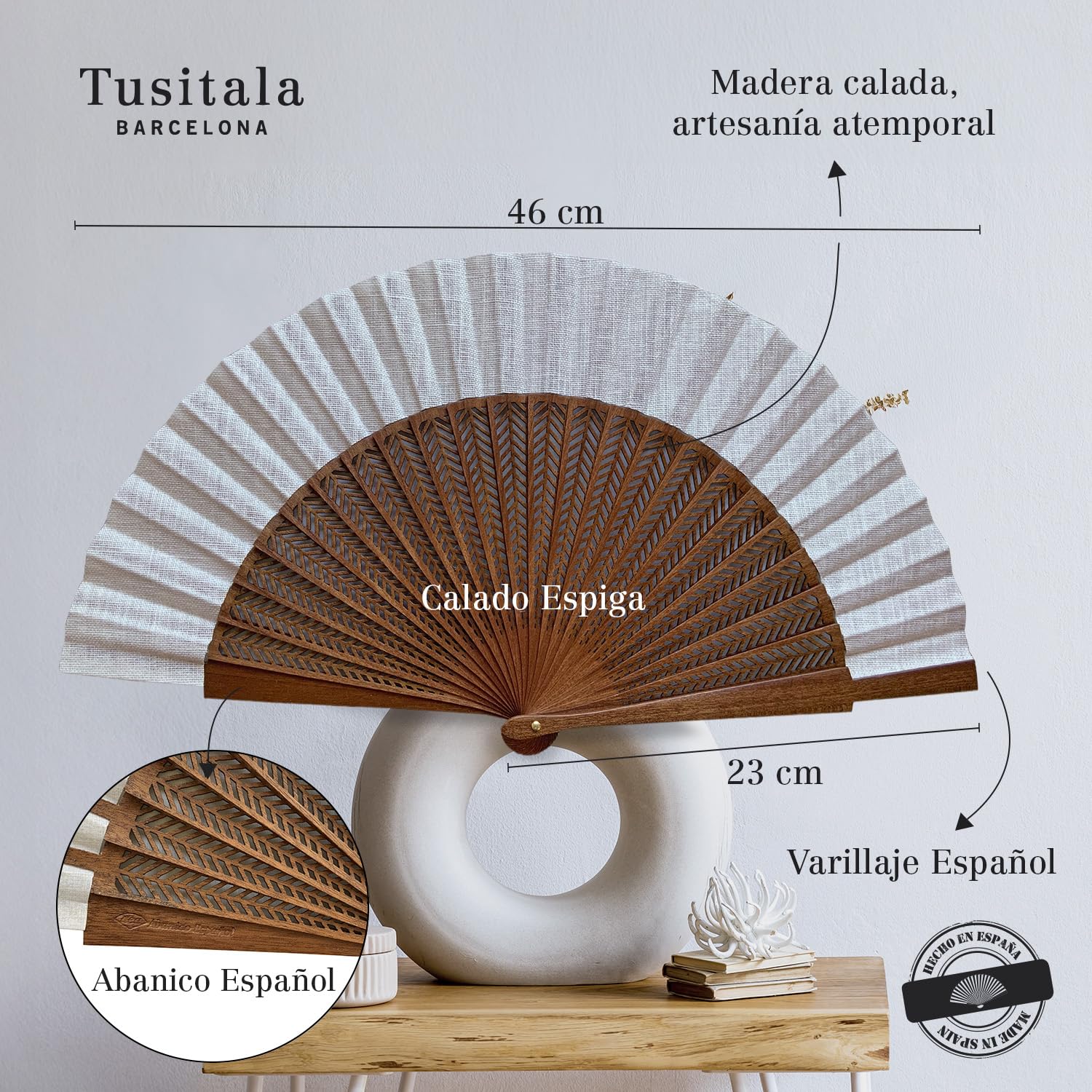 Ventaglio spagnolo Calado Espiga - Legno e cotone - 23 cm - Custodia in yute natural - Accessorio moda - Fatto a mano in Spagna - Eventi e regali - Collezione Must