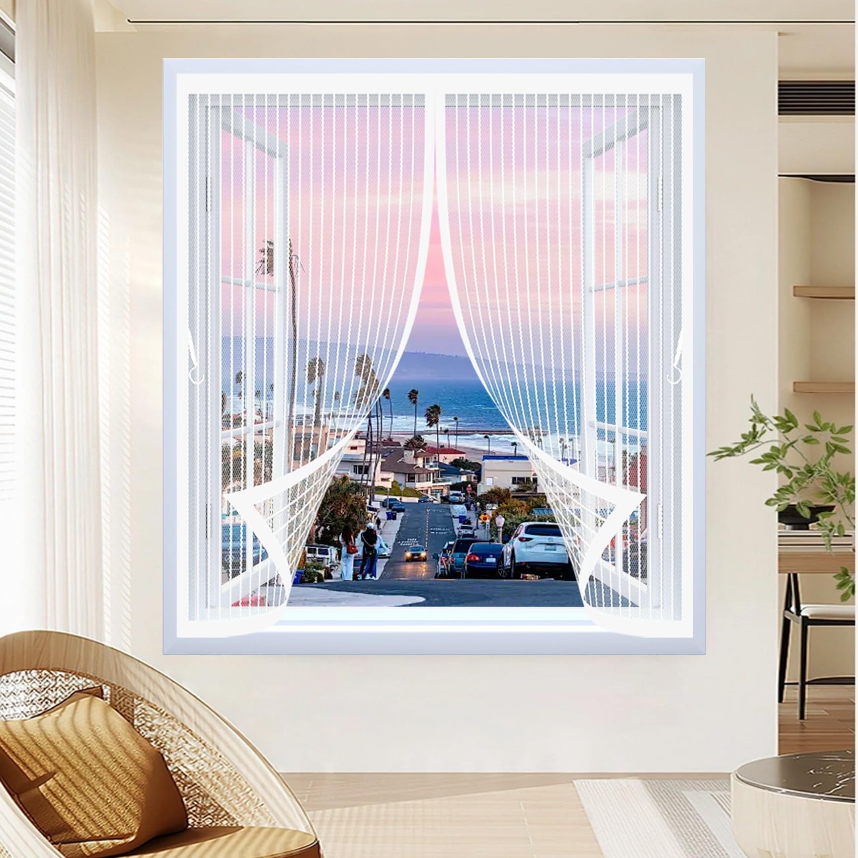 Moustiquaire fenêtre 300 x 200 cm blanc avec maille fine et fermeture automatique