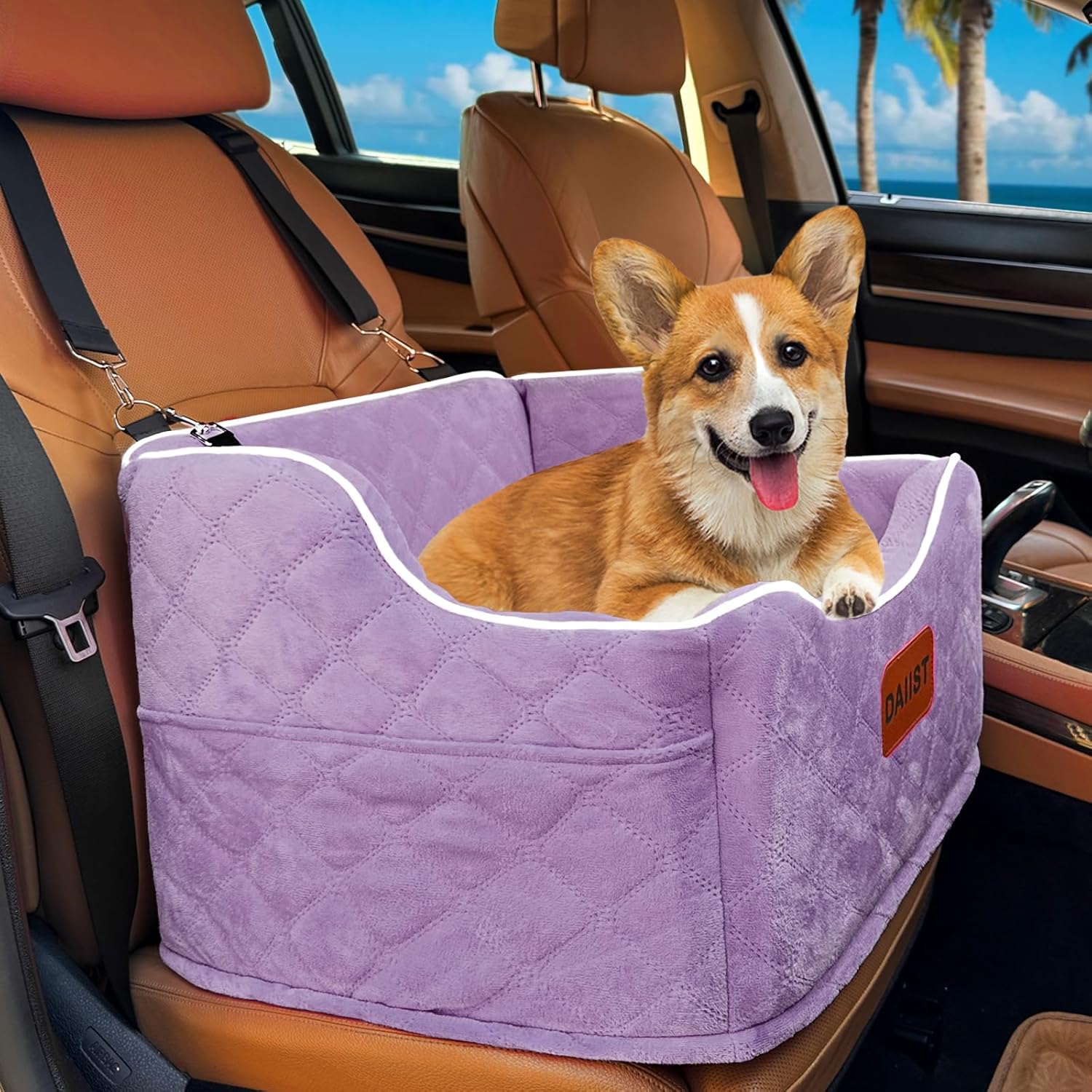 Dog Car Seat for Small Medium Dogs, Detachable Washable Dogs Booster Seat Under 35lbs, Elevated Dog Car Bed with Storage Pockets (Purple, One Size)
