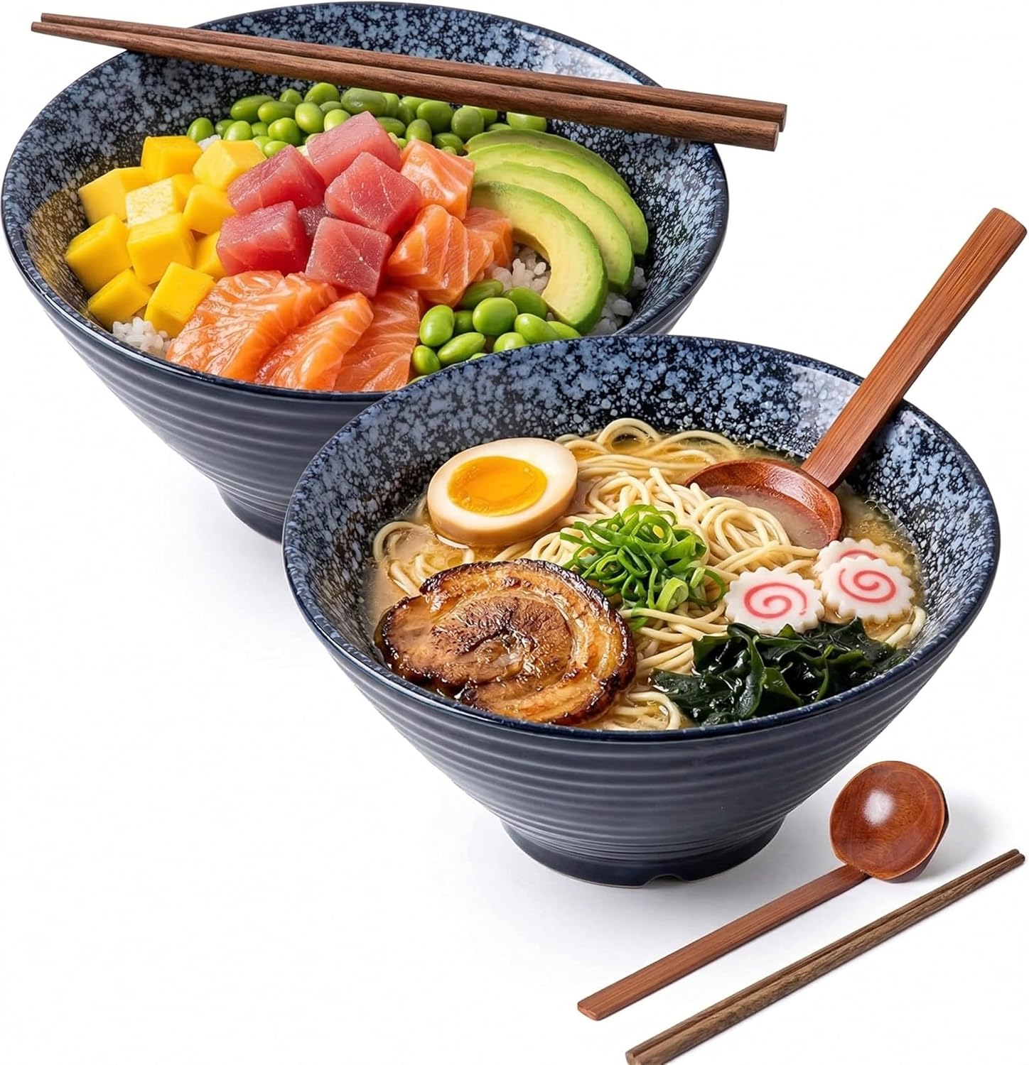 Japanese Ramen Bowl Set of 2, 40oz Large Ceramic Noodle Bowls with Spoons and Chopsticks, Microwave & Dishwasher Safe Soup Pho Bowl for Asian Food, Ideal for Home, Dorm, Gift