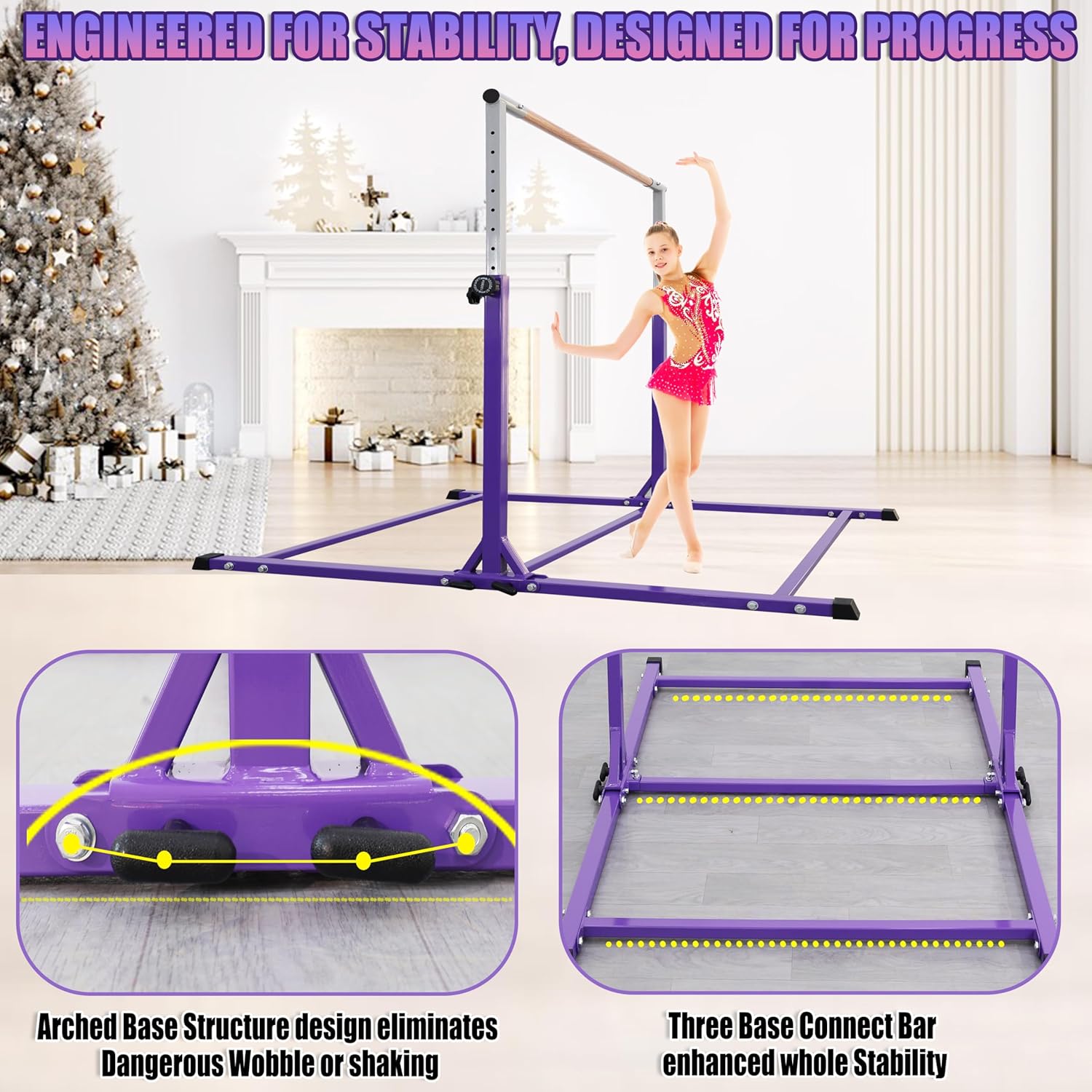 Kids Gymnastics Bar, Foldable Horizontal bar with Unique Arched Base for Home Training,Adjustable Height 35" to 59" for Kids Ages 3-18, 400 LBS Capacity,No Slip Rubber Feet Indoor Outdoors