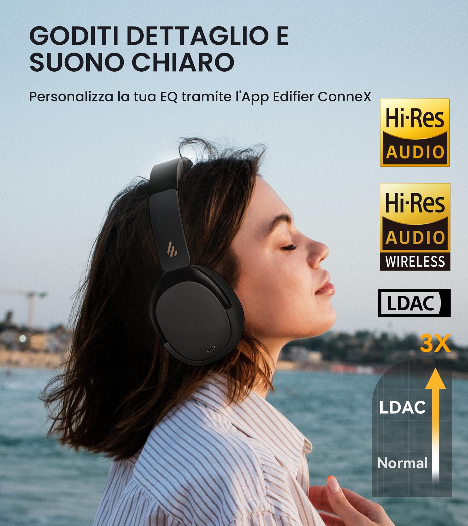 Edifier WH950NB Hybrid Active Noise Cancelling Cuffie -LDAC Codec con audio Hi-Res e Custom EQ tramite app dopo 55H Playtime con cuffie pieghevoli wireless Over-Ear Bluetooth V5.3 – Nero - Vista 2
