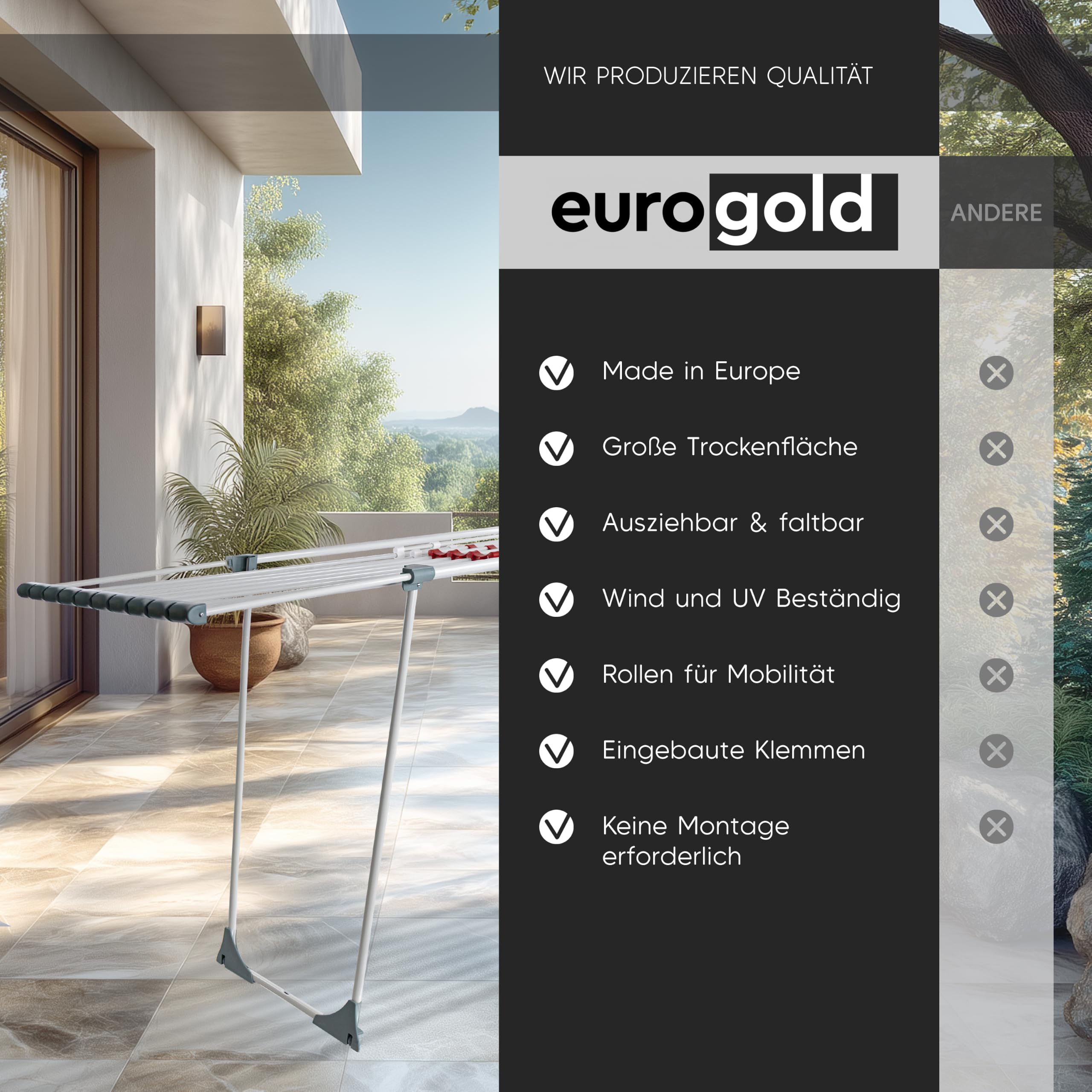 EUROGOLD Wäscheständer Ausziehbar 20m, Trockenständer für Bettwäsche Weiß | Stabiler Wäscheständer Klappbar ohne Querstrebe, Großer Trockenständer für Bettwäsche, Balkon, Garten & Zuhause