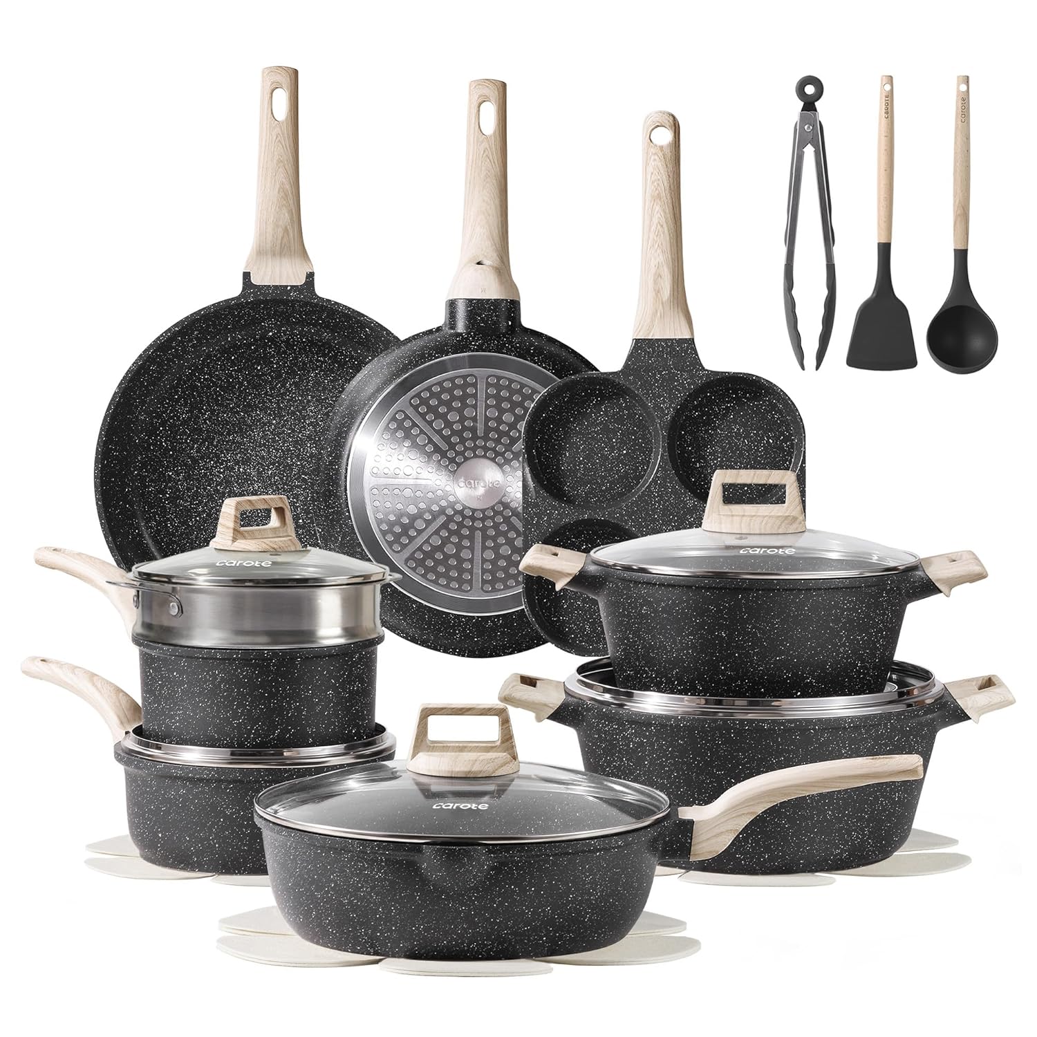 CAROTE 21pcs Pots and Pans Set Nonstick Cookware Set Black Granite Induction Kitchen Cooking Set w Frying Pans