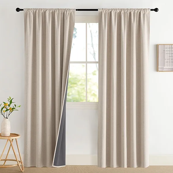 NICETOWN 2 Panels Natural Linen 100% Blackout 52 x 80 Inches Curtains for Bedroom - Faux Linen Textured Rod Pocket Drapes - Thermal Insulated & Light Blocking Window Treatment for Nursery