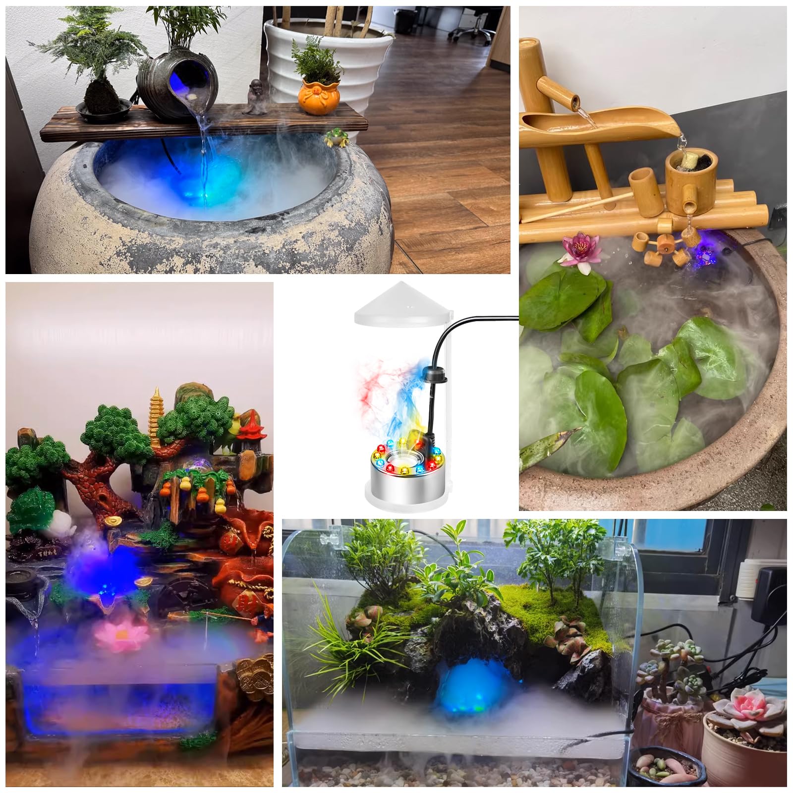 Nébuliseur à ultrasons, 24 V mini machine à fumée avec 12 LED Fogger, Brumisateur à Ultrasons, Mini Machine à Brouillard Fontaine à Brouillard Machine à Fumée pour Fontaine étang Brouillard Décoration