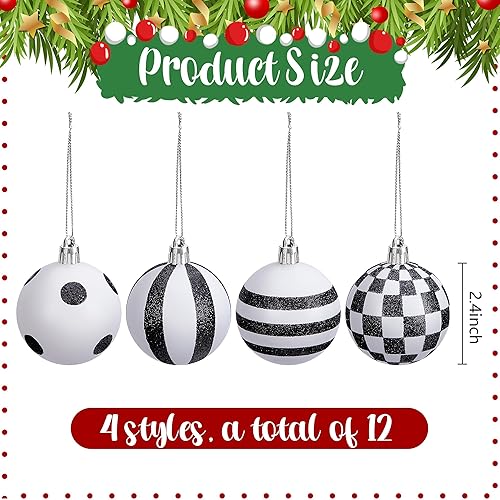 Miniatura 2 de 12 bolas de Navidad en blanco y negro, bolas colgantes a cuadros de búfalo de 2.4 pulgadas, adorno de árbol de Navidad inastillable para Navidad,