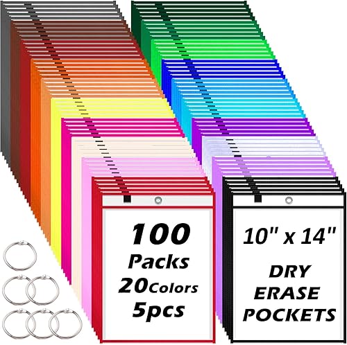 Paquete de 100 bolsillos de borrado en seco a granel, reutilizables, de gran tamaño, con 6 anillos, 20 soportes para boletos de colores surtidos de