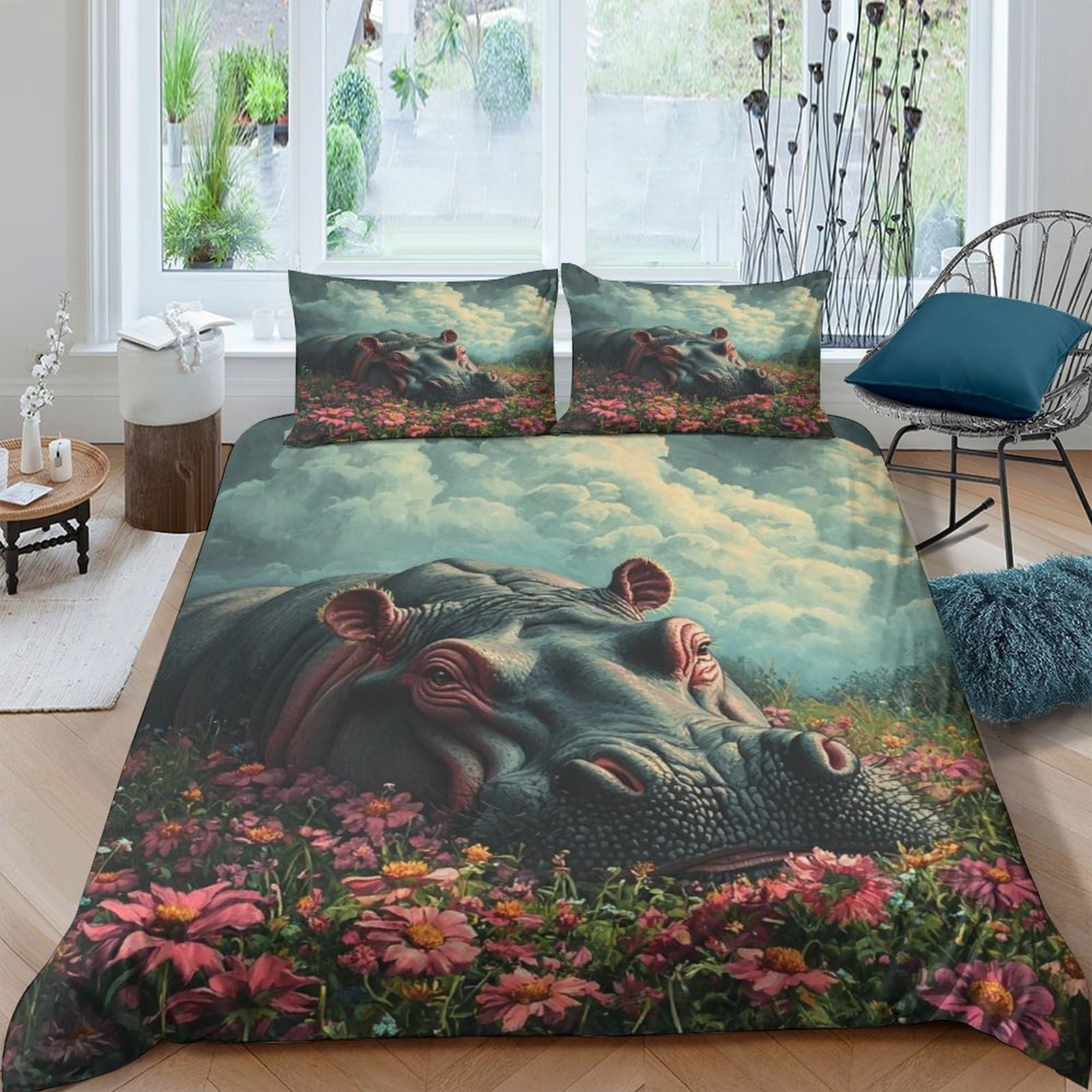 Ctjqhvkz Style-1 3D Printed Hippo Meadow Fitted Sheet Microfiber Soft Floral Dream Mattress Cover For Bedroom Guest Room Decor Single（135X200cm）