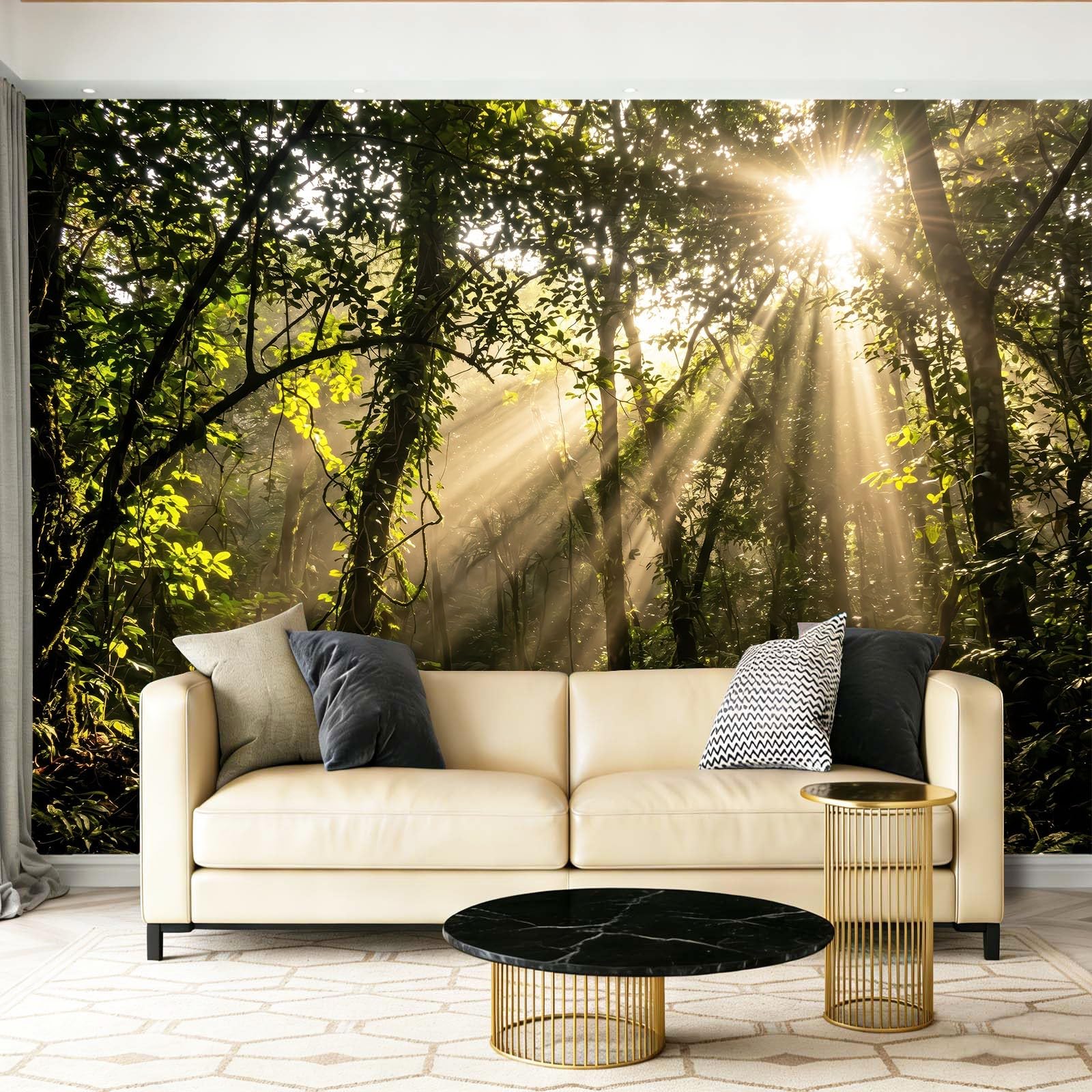 Fototapeta natura, dżungla, światło słoneczne, drzewa, pnącze, krzewy, tapeta z motywem, tapeta ścienna, dekoracja, 350 x 256 cm, fototapeta z włókniny XXL, nowoczesna tapeta ścienna do salonu