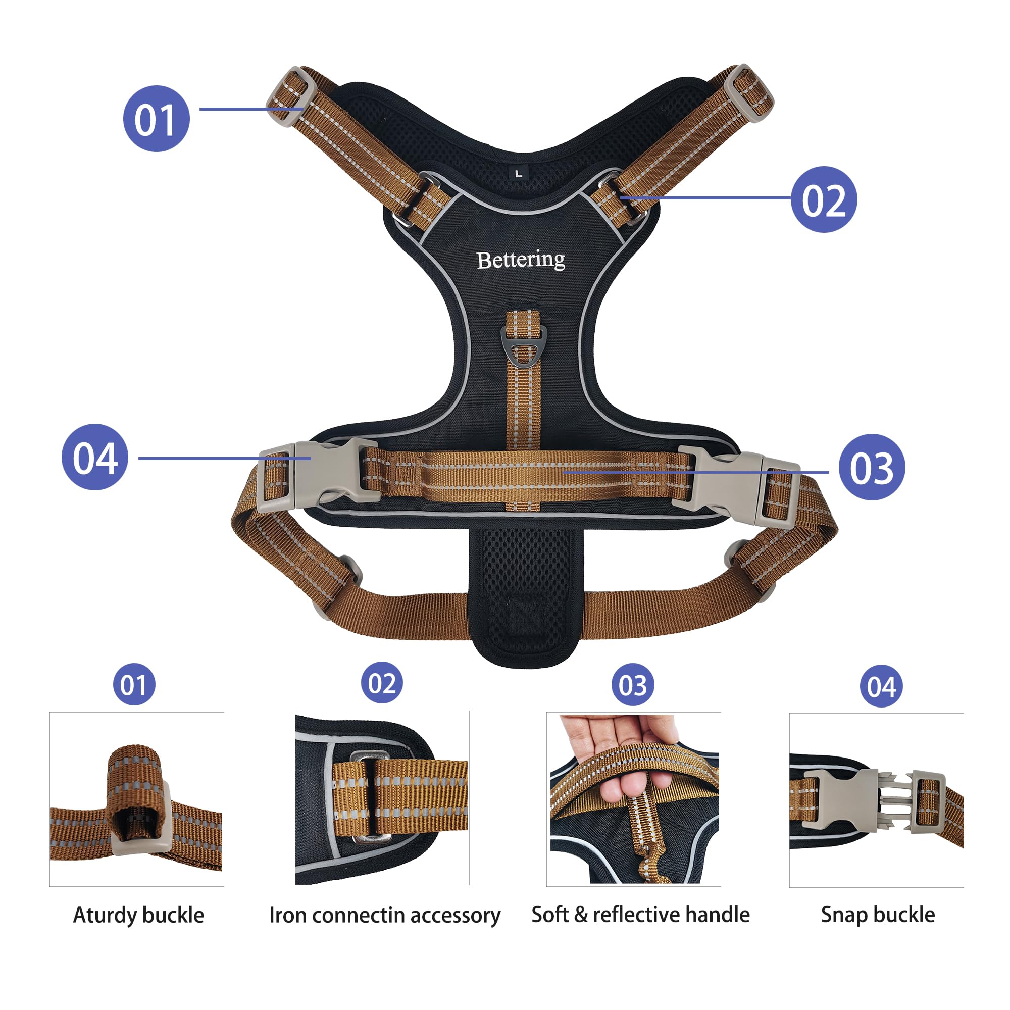 Black Reflective Dog Harness for Large Dogs, No-Pull Front Clip Harness with Padded Chest & Adjustable Straps, Heavy Duty Nylon Harness for Labradors/German Shepherds - image 6