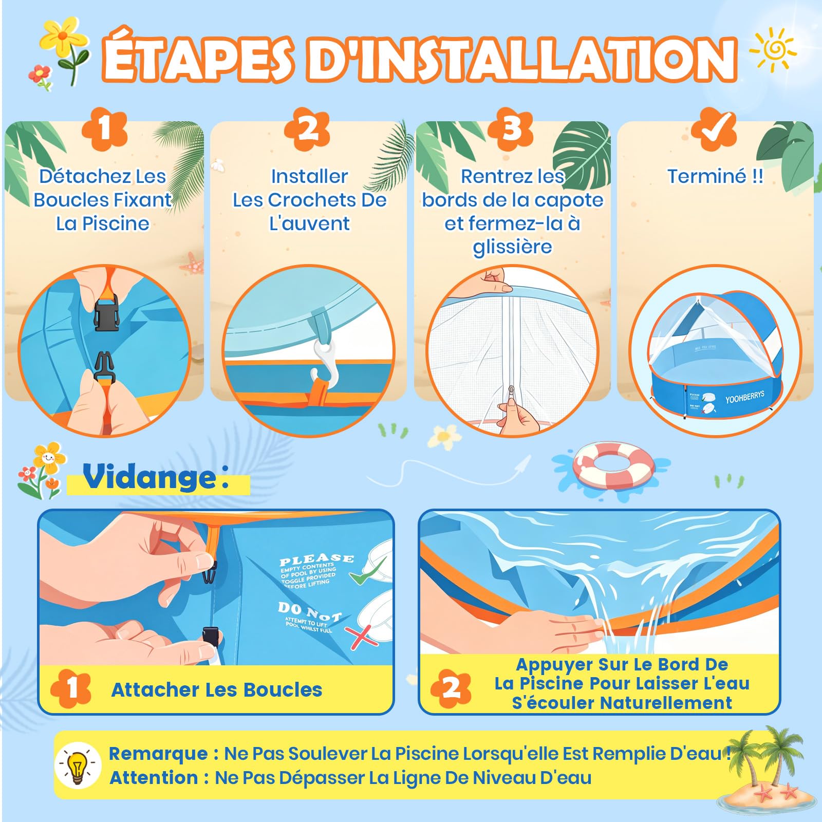 YOOHBERRYS Piscine Bebe avec Pare Soleil 4 en 1, Tente Anti UV Bébé FPS 50+, Tente de Plage Bebe avec Moustiquaire, Pop-Up Piscine de Plage, Petite Piscine Bebe pour Pique-Nique Jardin Plage