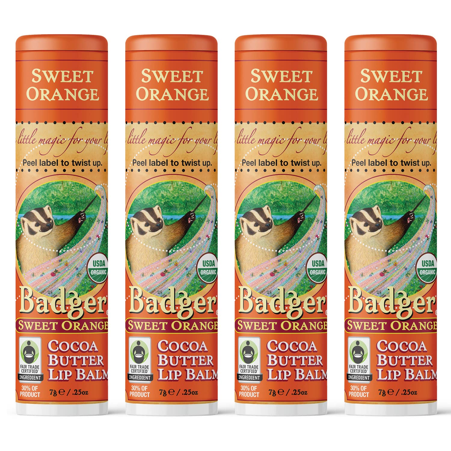 Badger - Cocoa Butter Lip Balm, Sweet Orange, Certified Organic Lip Balm, Fair Trade, Lip Butter, Lip Balm Cocoa Butter, Cocoa Care Lip Balm, 0.25 oz (4 Pack)