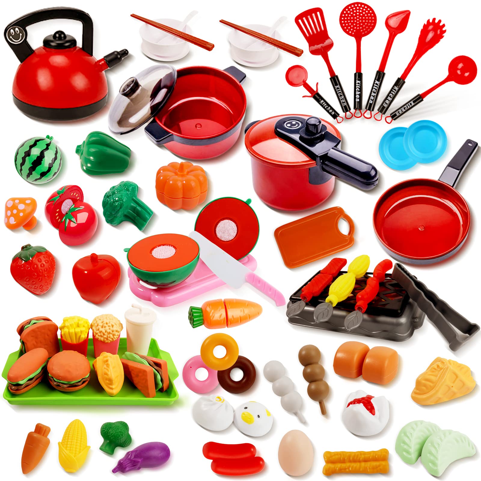 108pcs Kid Play Kitchen Accessories,Fake Food Cooking Toys ,Play Food Sets for Kids Kitchen,Toddler Kitchen Playset,Cooking Toys Kitchen Sets for Kids Ages 4-8