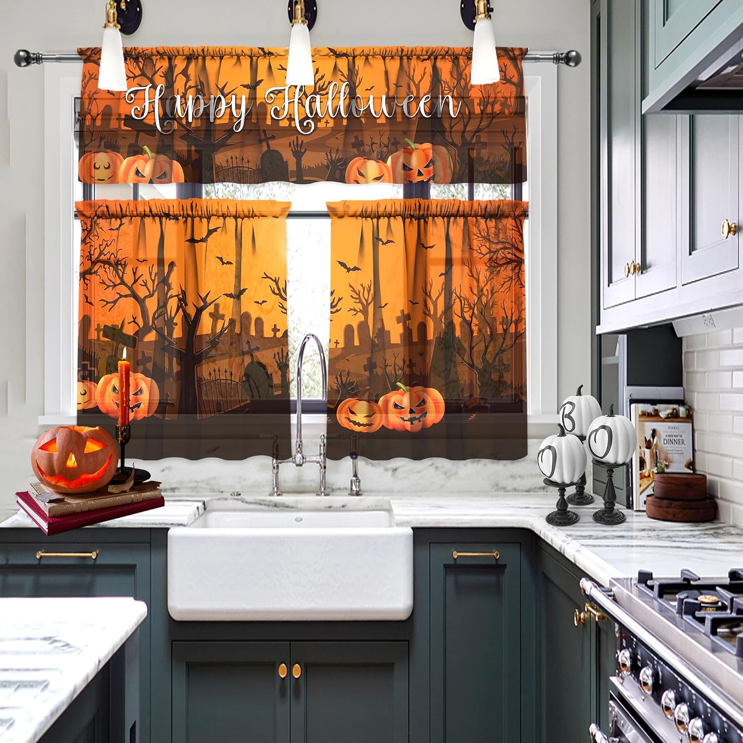 Halloween Kitchen Curtains Halloween Decorations Spooky Valances Rod Pocket Window Curtains Tier and Valance Set Spooky Decor, 54" x 18" Valance, 27" x 36" Tier, 3 Panel Set