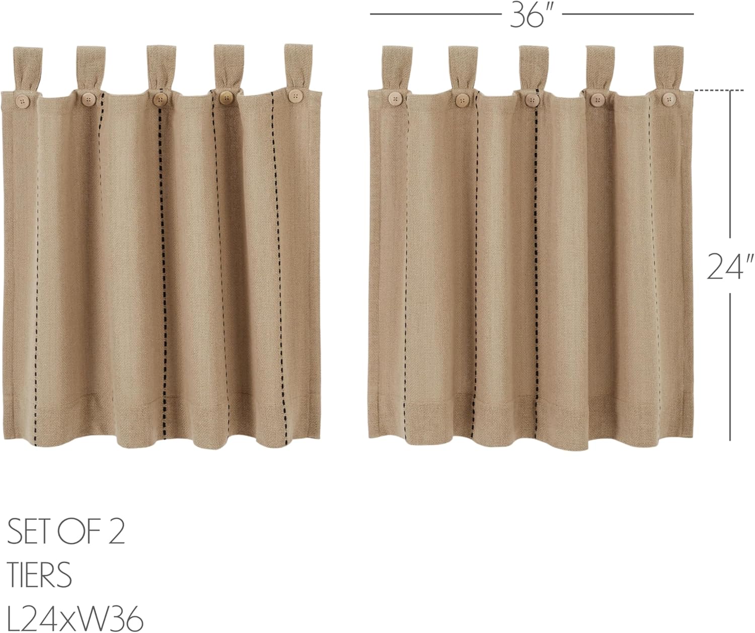 VHC Brands Stitched Burlap Curtain Tier, Natural, 24x36, Set of 2