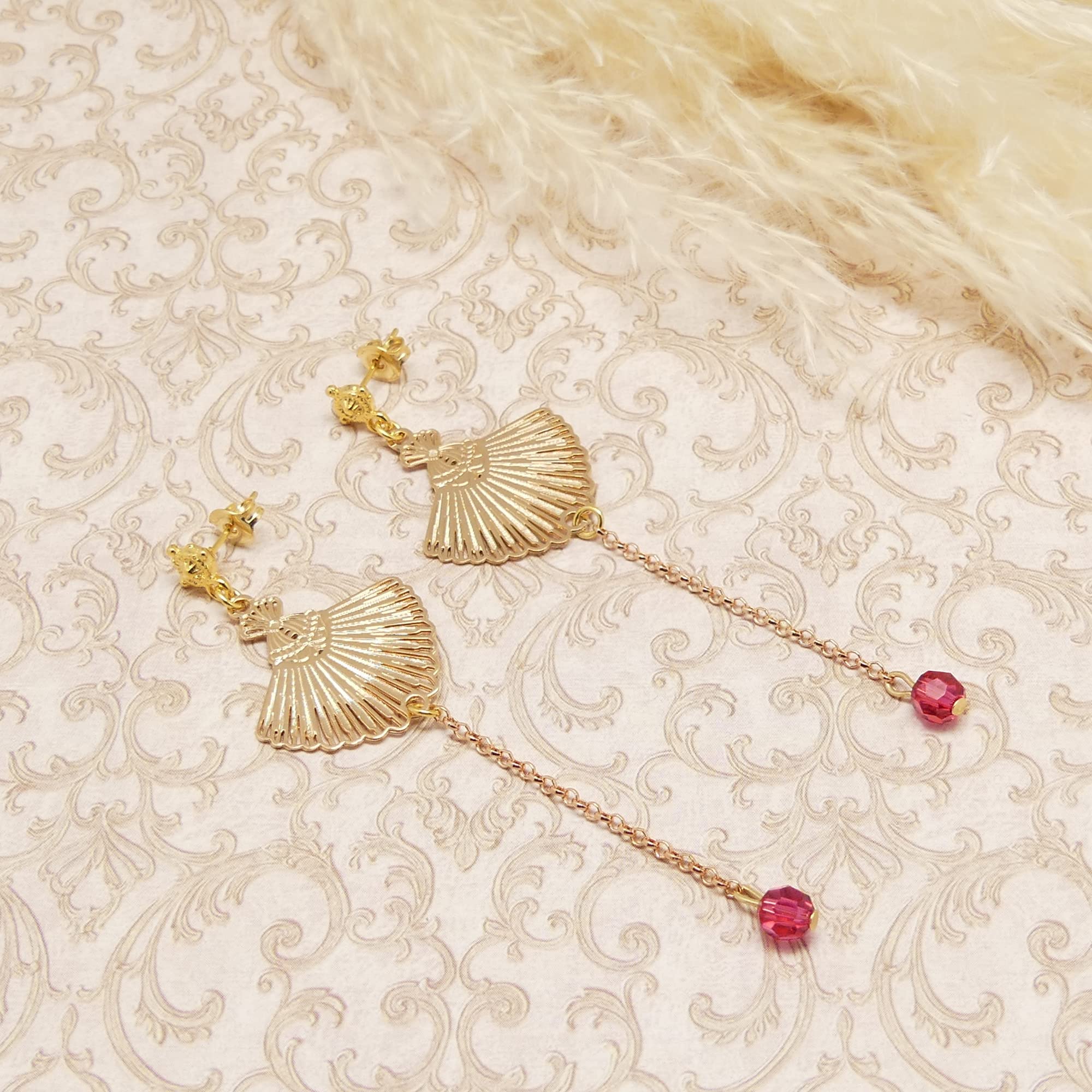Pendientes de abanico con cuentas de cadena de oro rosa retro