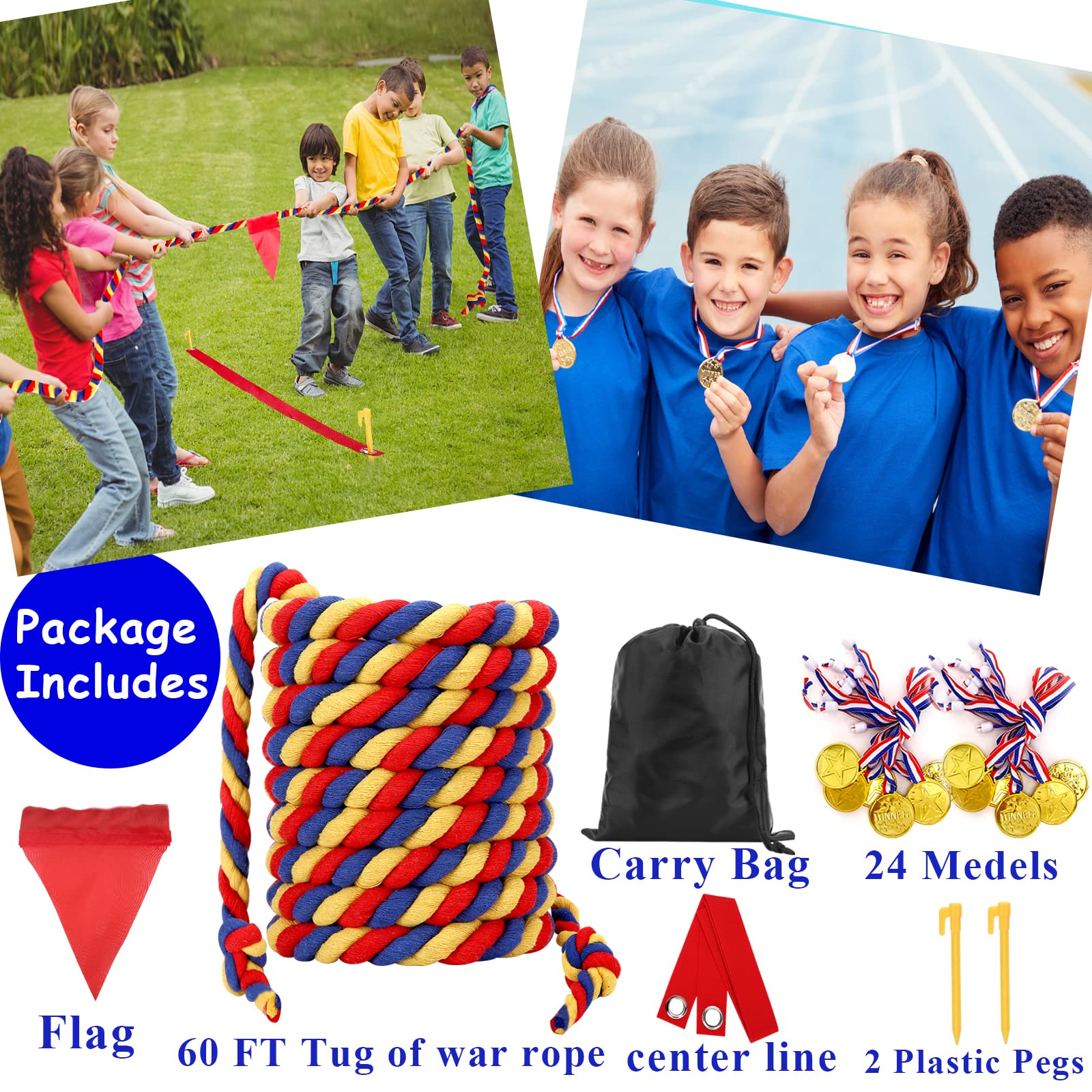 Tug of War Rope - Juegos de patio al aire libre de 60 pies para niños y adultos, día de campo, reunión familiar, fiesta de cumpleaños, juego de carnaval, juegos de patio trasero exterior, diversión