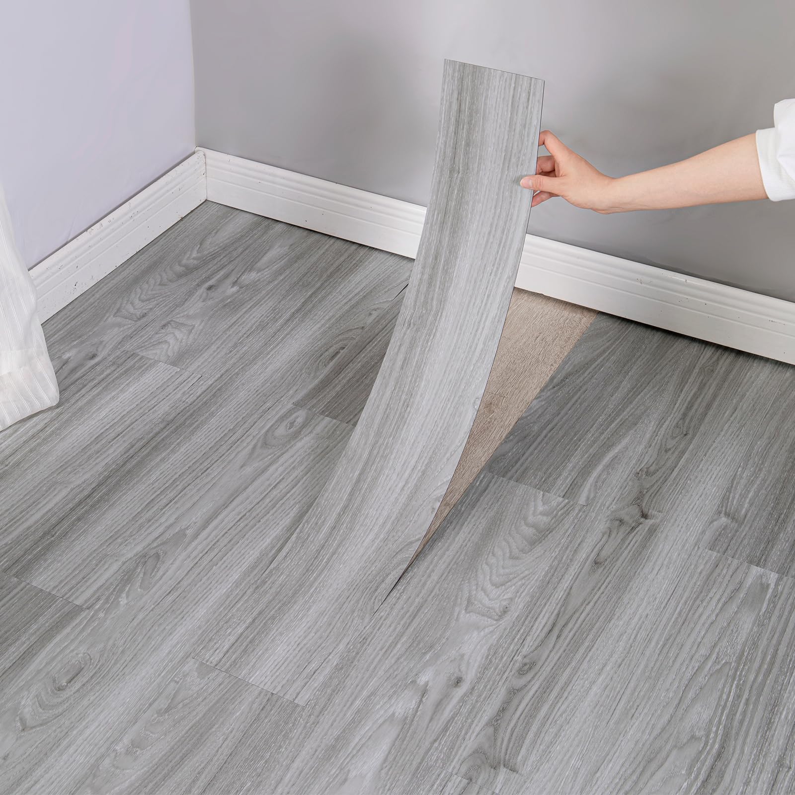 25Pcs Self Adhesive Floor Tiles, Wood Effect Flooring Planks, 41x16cm Wood Grain Peel and Stick on Tiles, Waterproof PVC Floor Stickers for Kitchen Bathroom and All Flat Floor (Grey)