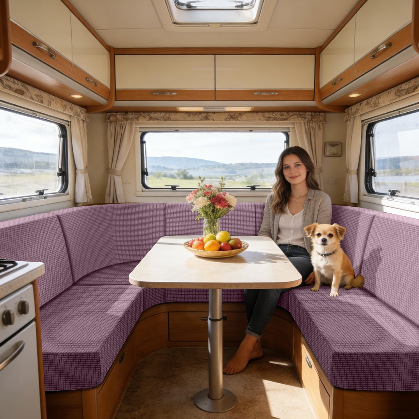 SYLC Caravan Seat Cover Stretch Jacquard, Non-slip RV Dinette Cushion Covers with 2 Straps, Couch Cushion Covers for Camper Sofa Bench (Purple,W 145-185 cm, D 25-45 cm)