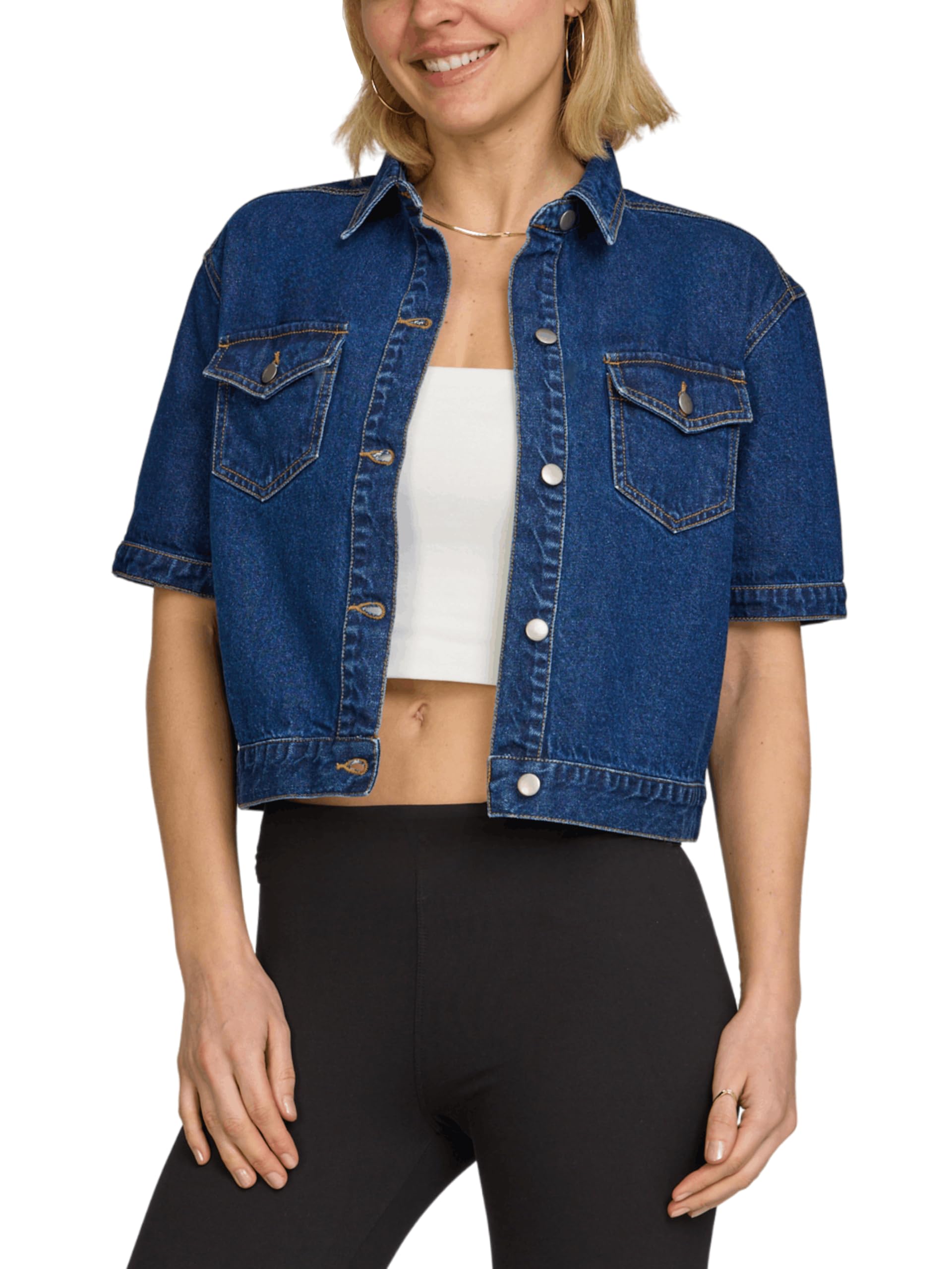 american denim short sleeve denim jacket for women, modern summer jean jacket, womens cropped denim jacket, button front