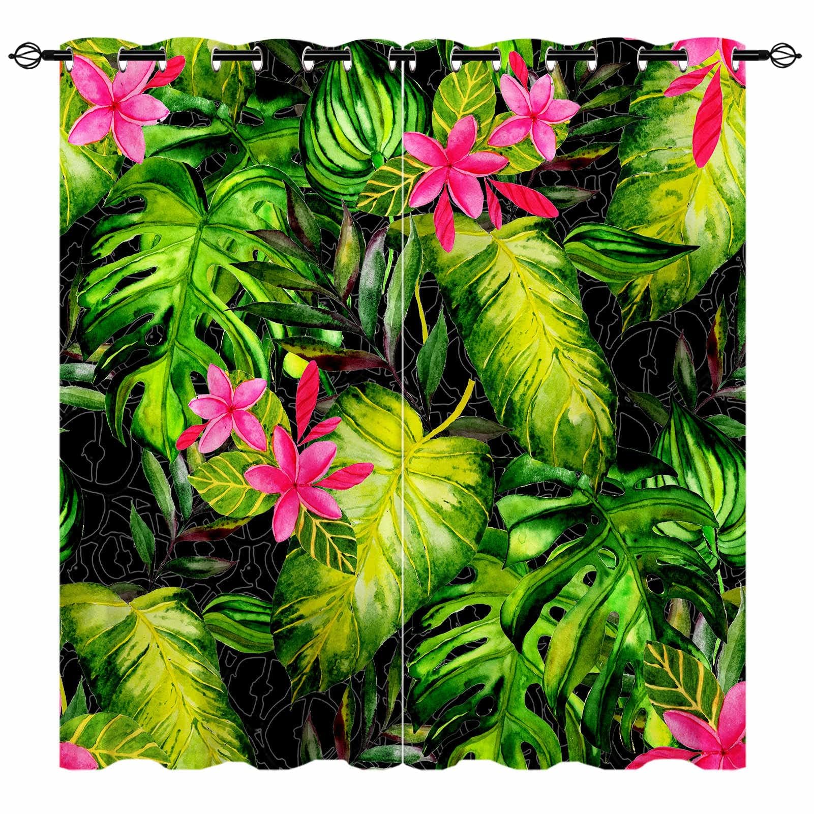 YUANZU Tropical Leaves Curtains - Nature Wild Jungle Watercolor Palms Print Pattern Eyelet Blackout Thermal Insulated Room Darkening Window Drapes for Bedroom Living Room 2 Panels W229cm x D183cm โ image 1