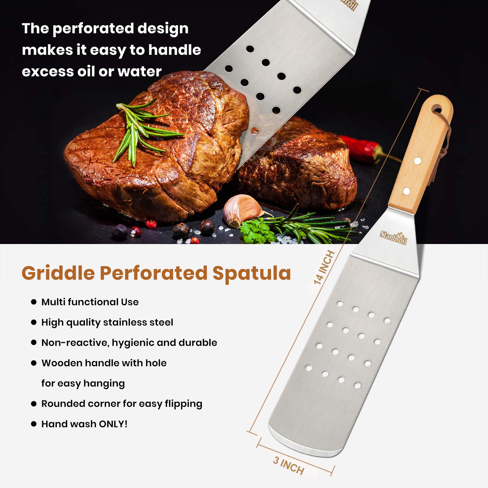 Stanbroil Zestaw 4 szpatułek – zestaw akcesoriów do grilla ze stali nierdzewnej z drewnianym uchwytem, idealna do grillowania na świeżym powietrzu, na płaskim blacie, gotowania, na kempingu,