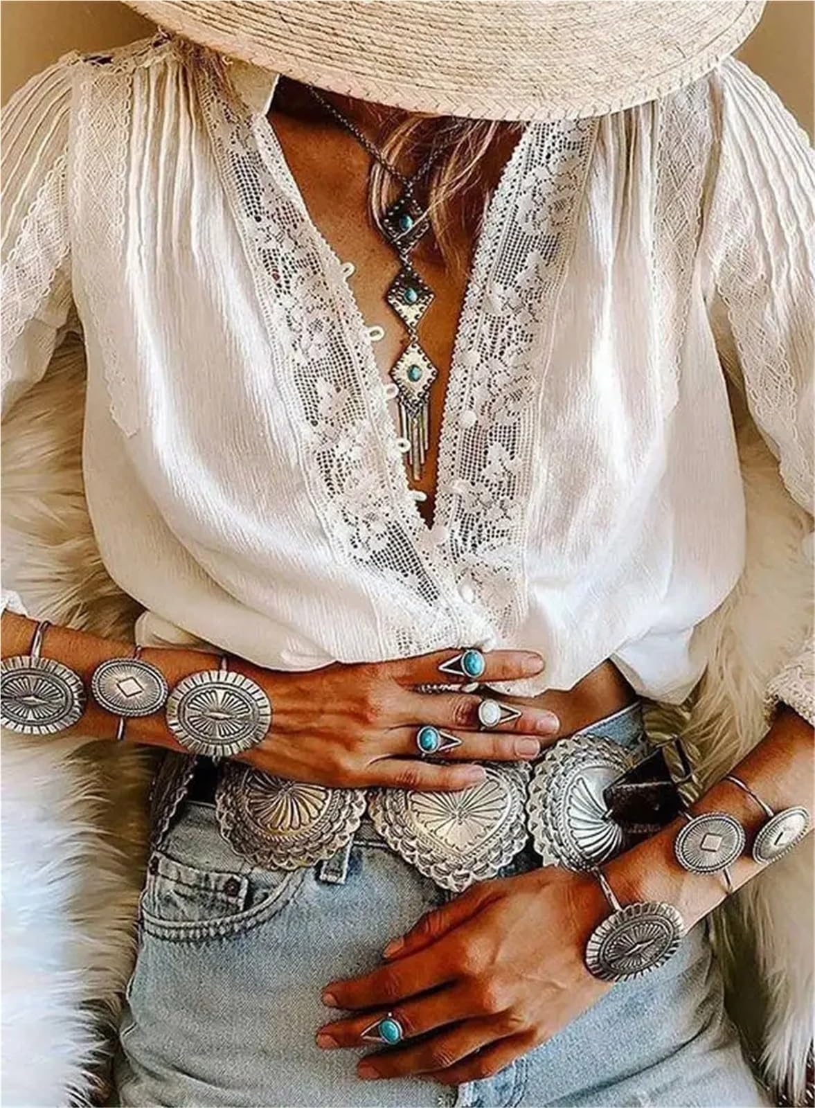 Copricostume Donna Camicette In Pizzo Con Scollo A V A Maniche Lunghe | Top da donna vintage camicetta bianca Party Lady Blusas(White2,XL)