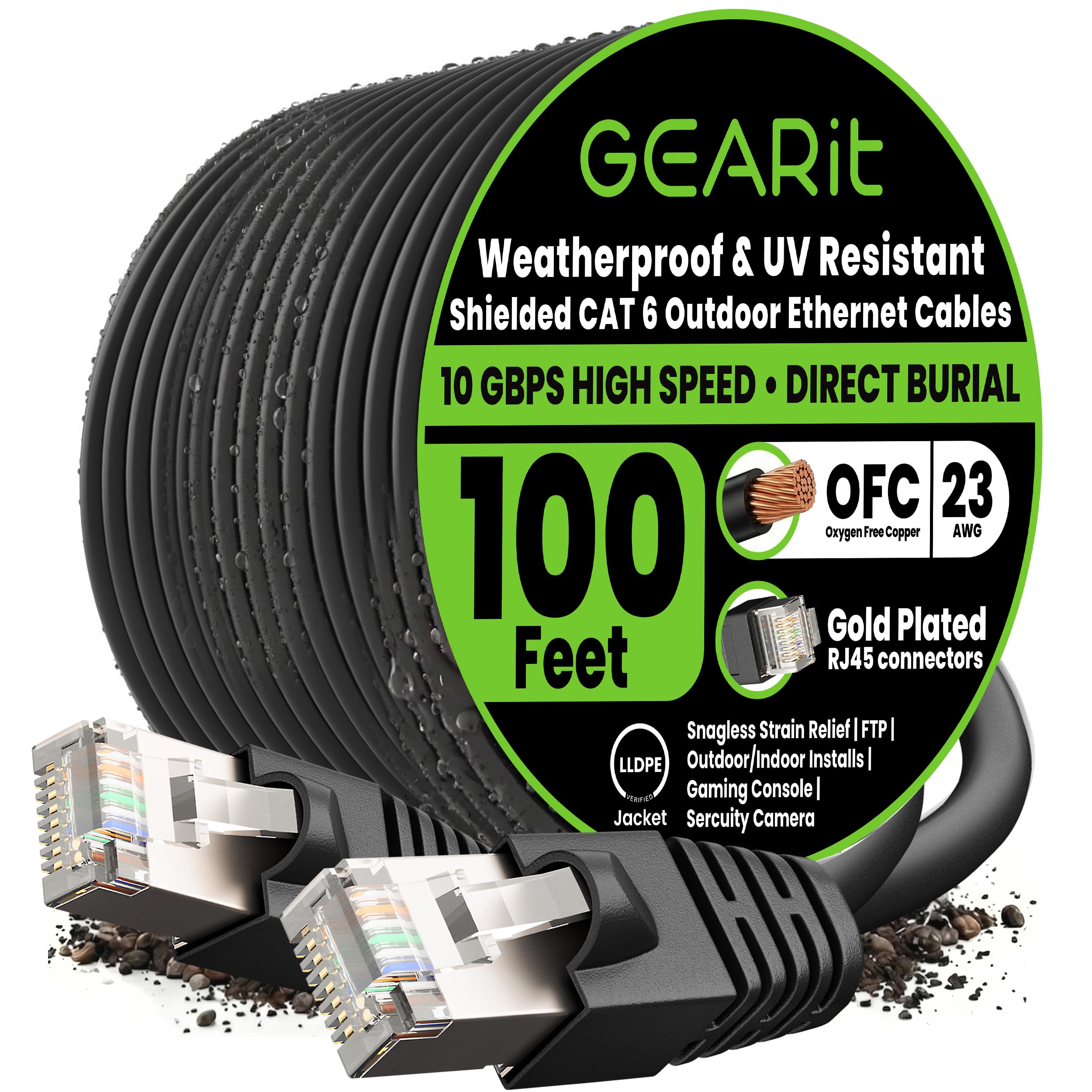 GearIT Cavo Ethernet per esterni Cat6 (30,5 m) 23AWG puro rame, FTP, LLDPE, impermeabile, sepoltura diretta, messa a terra, resistente ai raggi UV, POE, rete, LAN, Internet, Cat 6, cavo Cat6-30