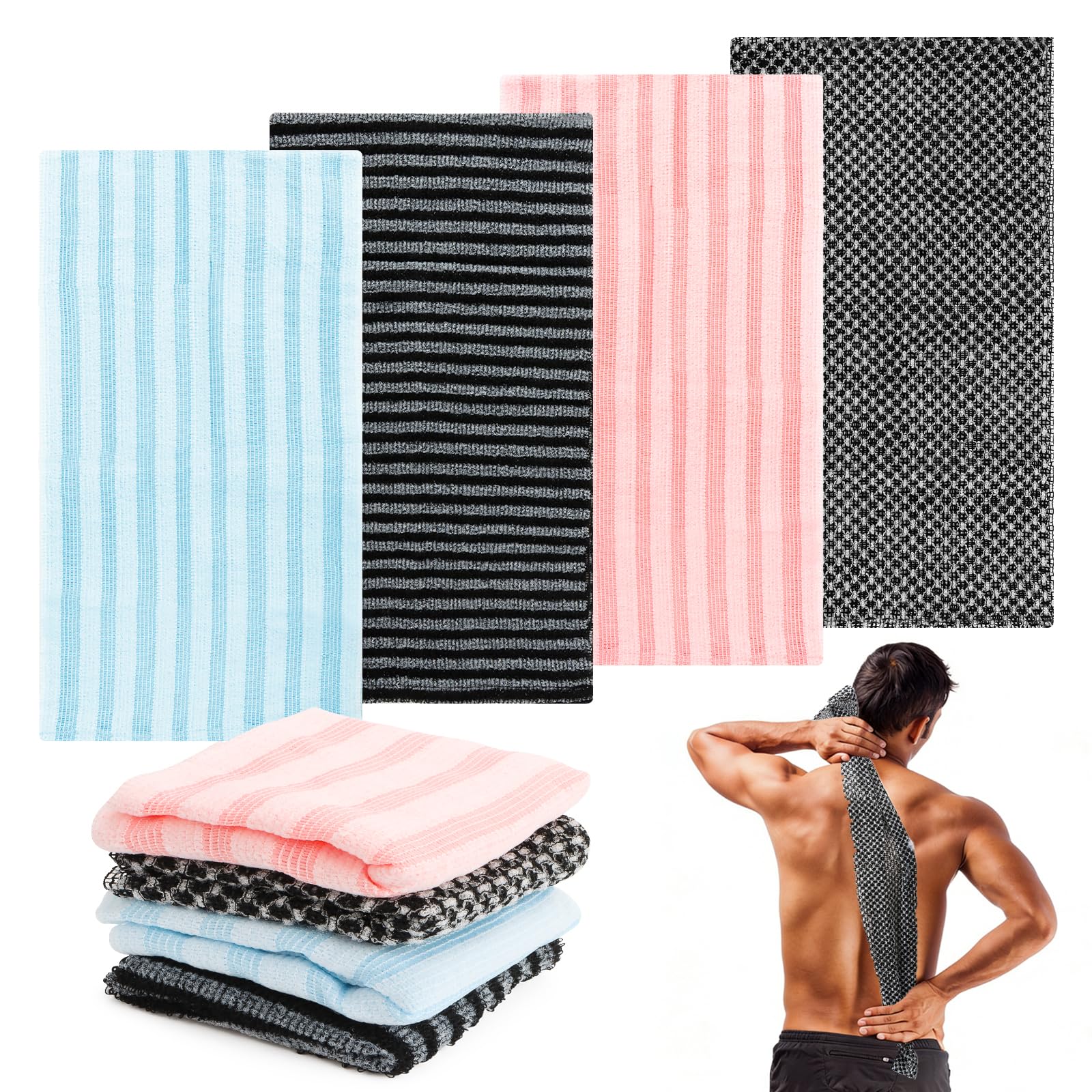 Exfoliating Shower Towel, 4 unidades de toallas exfoliantes japonesas, toallas de ducha exfoliantes extralargas, toalla exfoliante de dos caras para limpieza, spa, baño y ducha, hombres y mujeres